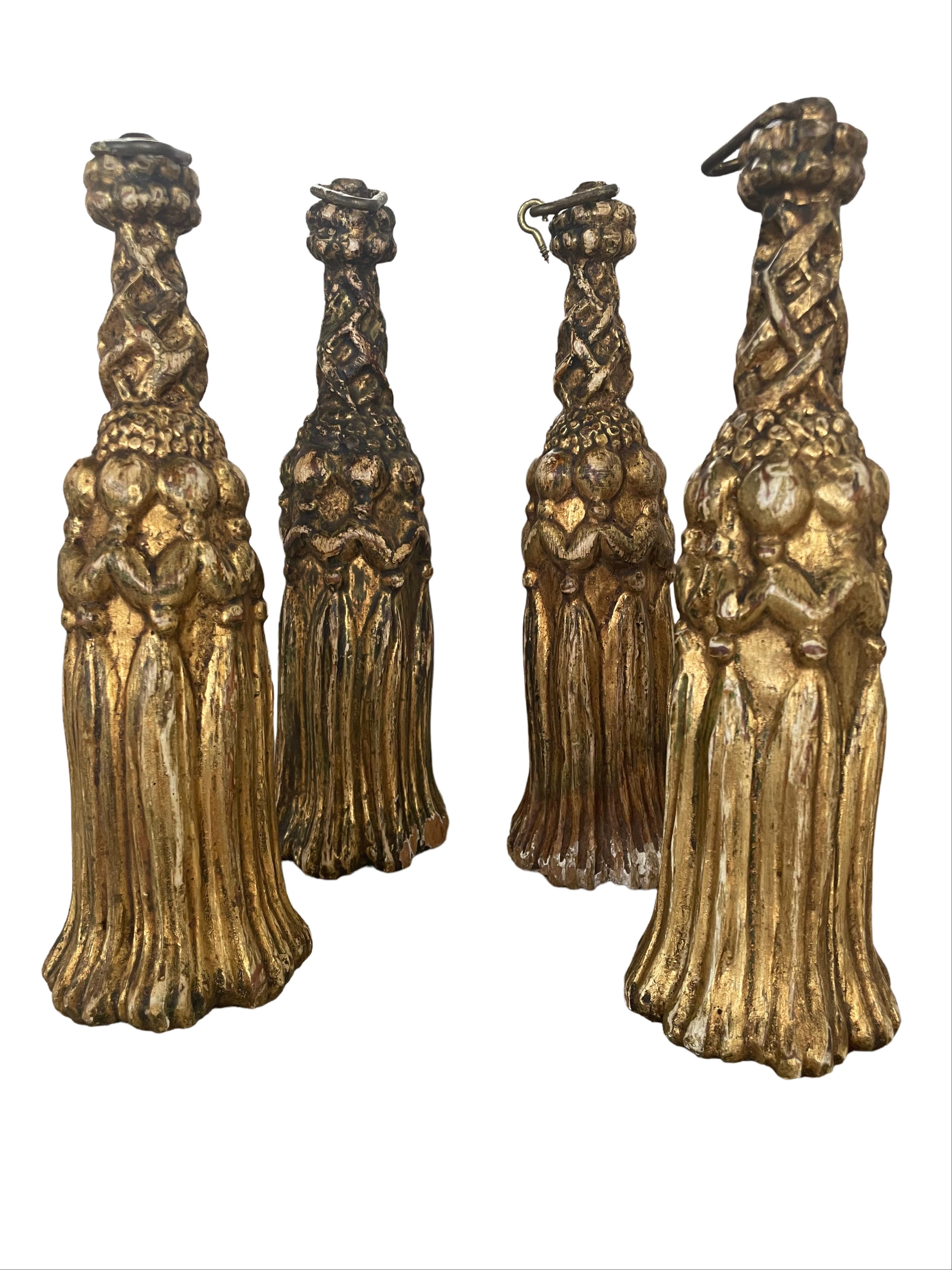 Gilt 19th Century French Carved Gilded Wood Drapery Pull Tassels For Sale