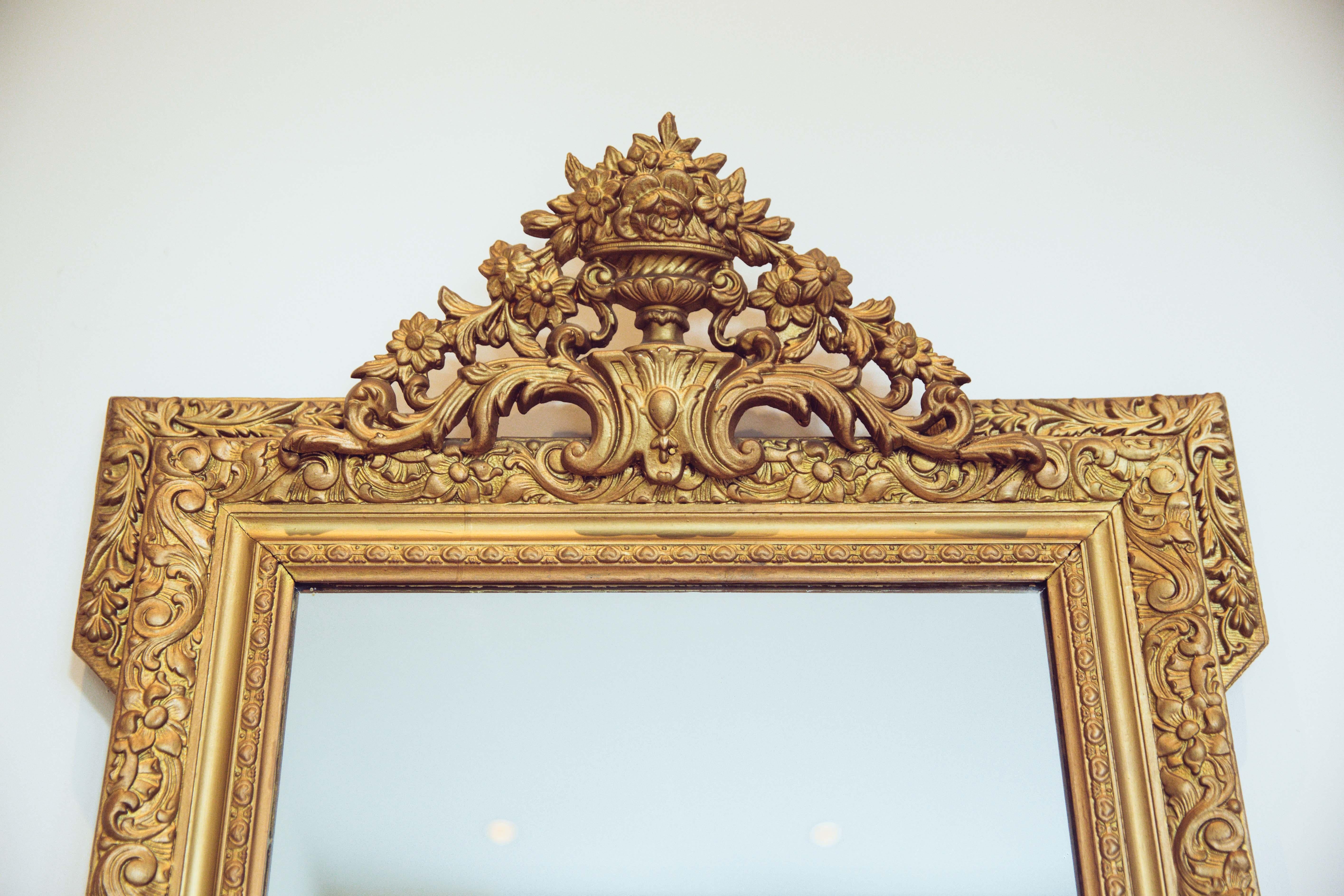 Louis XVI 19th Century French Carved Gilded Wood Mirror with Urn Motif Crest For Sale