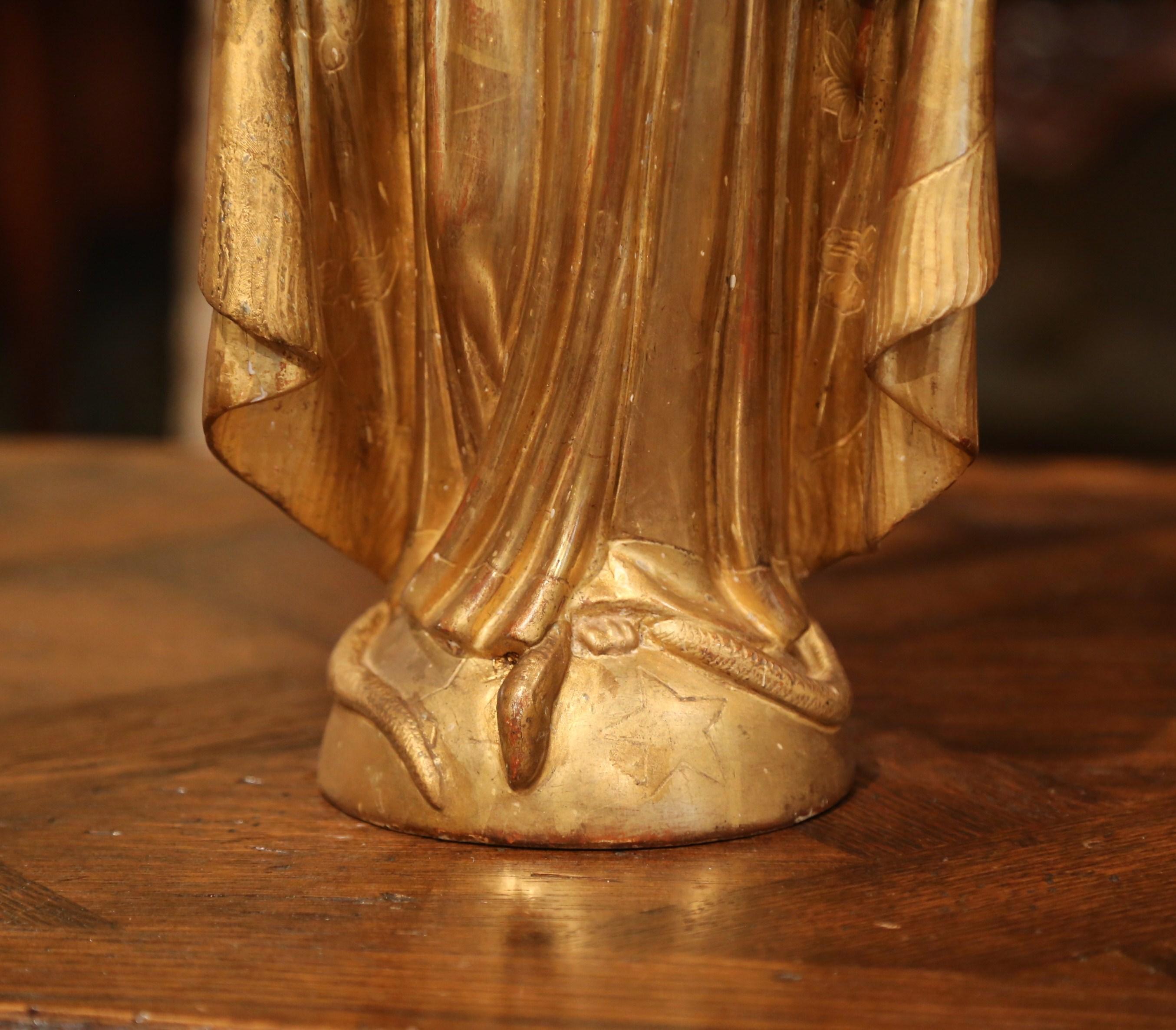 19th Century French Carved Giltwood Virgin Mary Statue on Globe from Provence In Excellent Condition In Dallas, TX