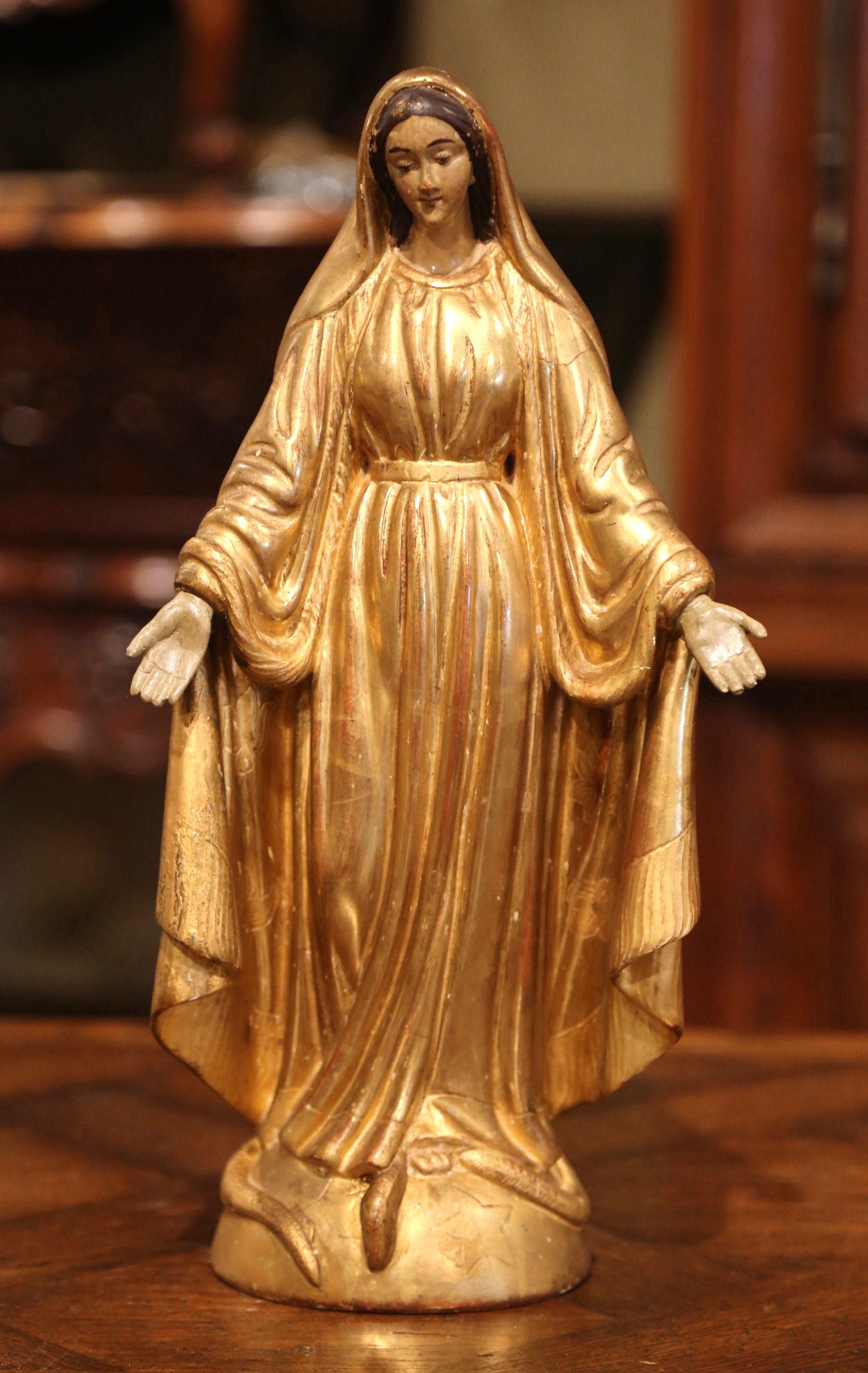 19th Century French Carved Giltwood Virgin Mary Statue on Globe from Provence In Excellent Condition In Dallas, TX