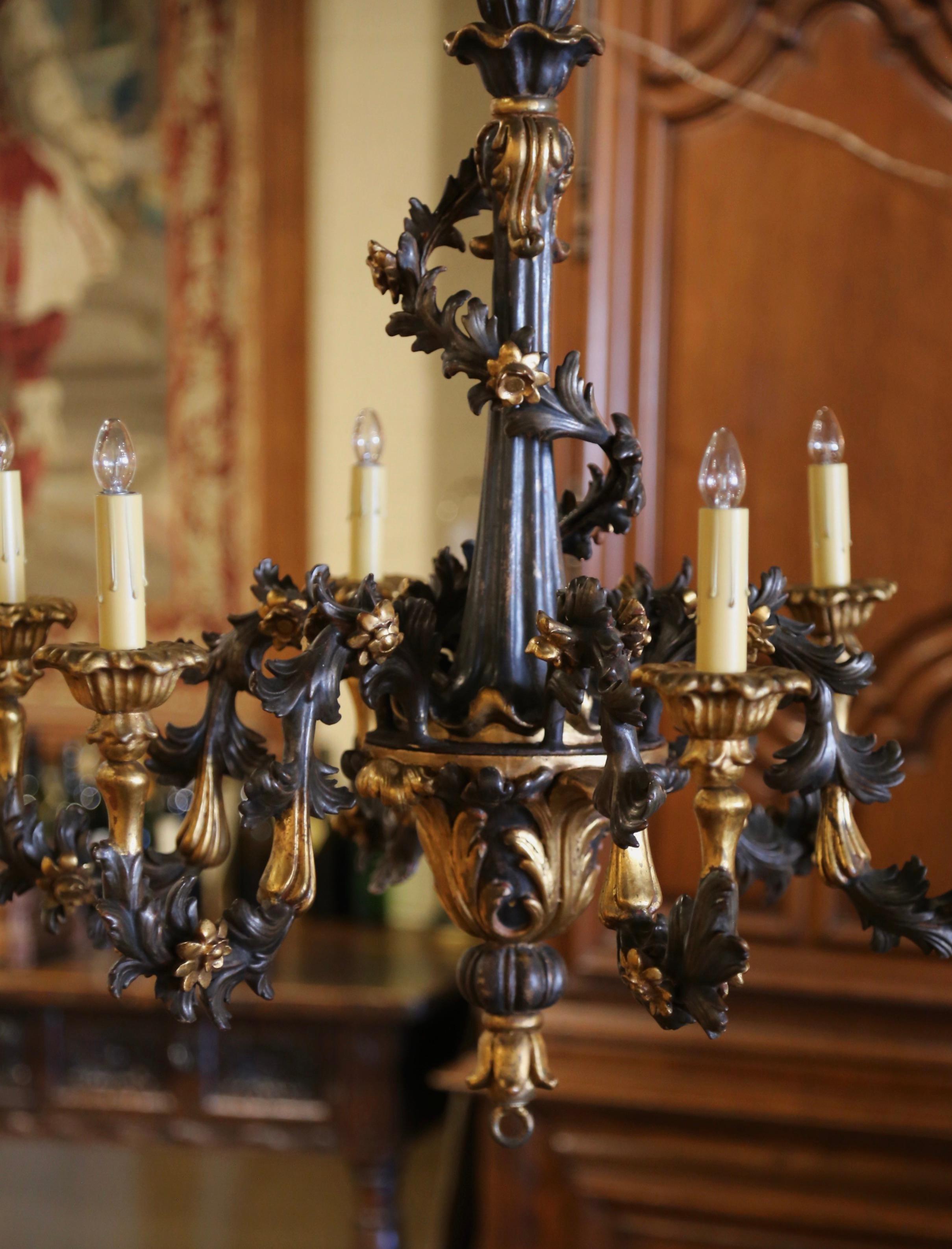 Napoleon III 19th Century French Carved Giltwood and Bronze Painted Six-Light Chandelier