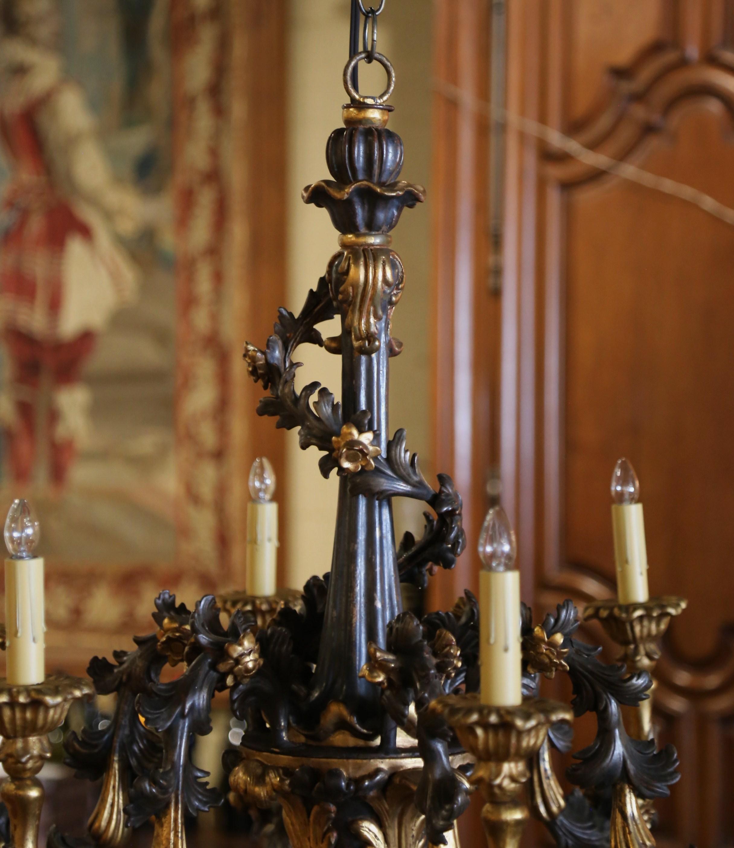 Hand-Carved 19th Century French Carved Giltwood and Bronze Painted Six-Light Chandelier