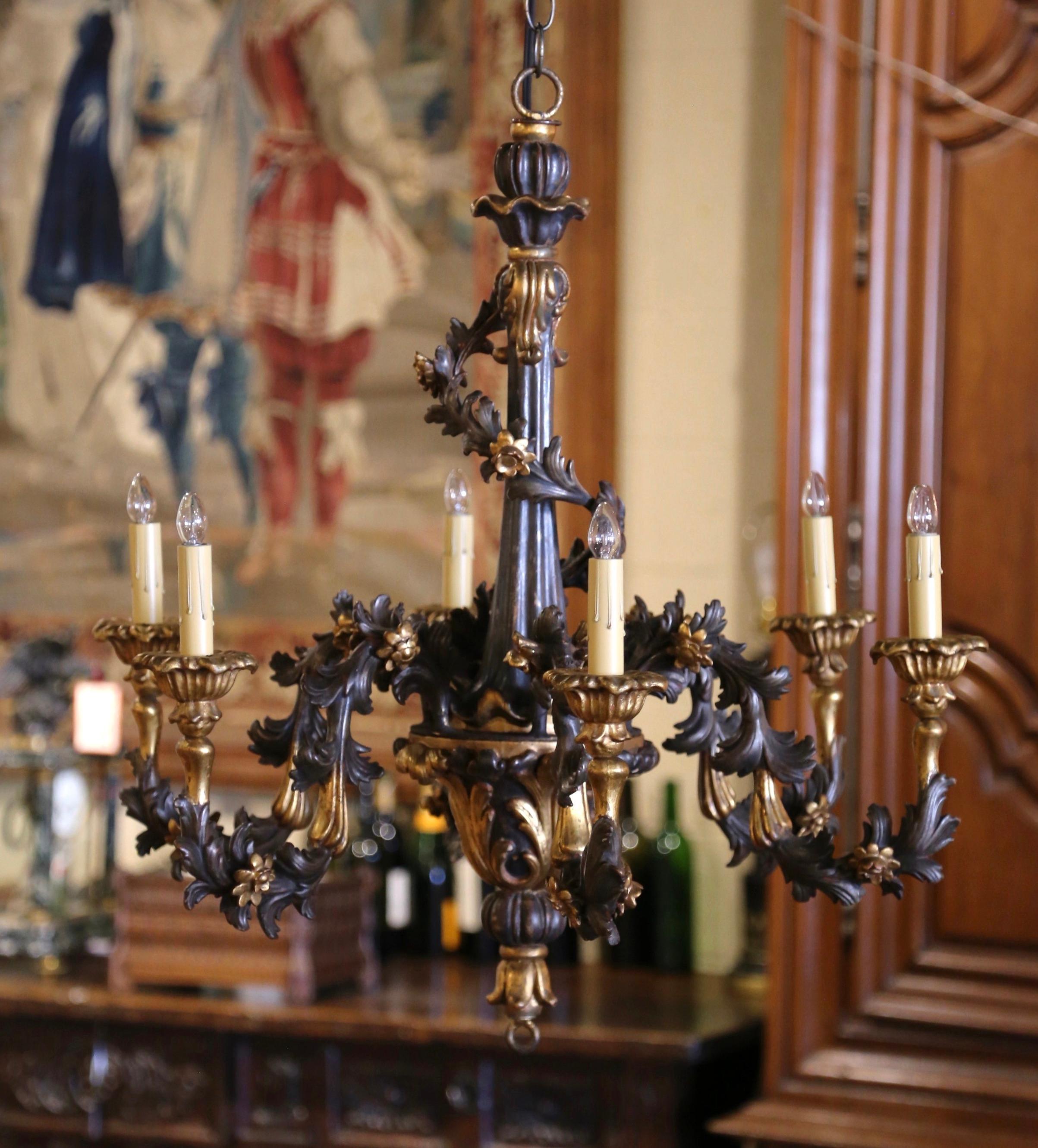 19th Century French Carved Giltwood and Bronze Painted Six-Light Chandelier In Excellent Condition In Dallas, TX