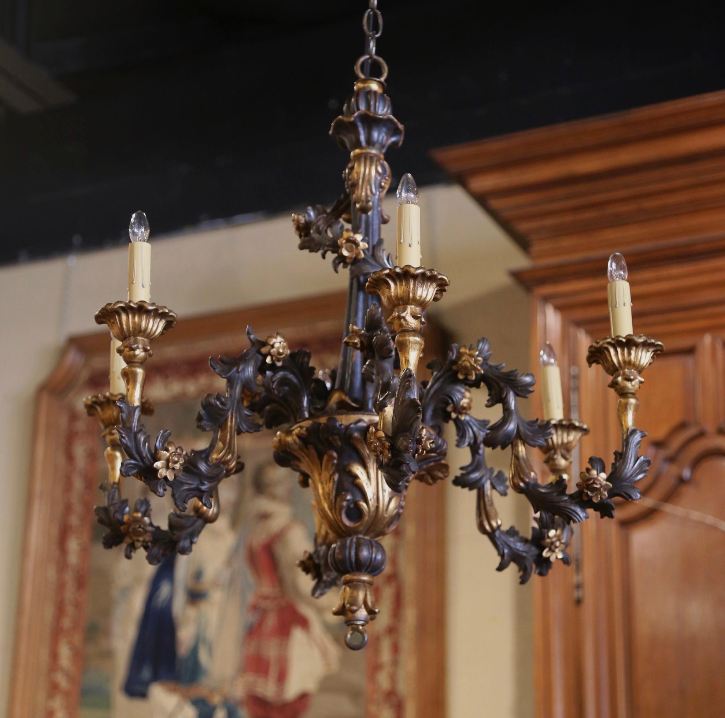 19th Century French Carved Giltwood and Bronze Painted Six-Light Chandelier 1