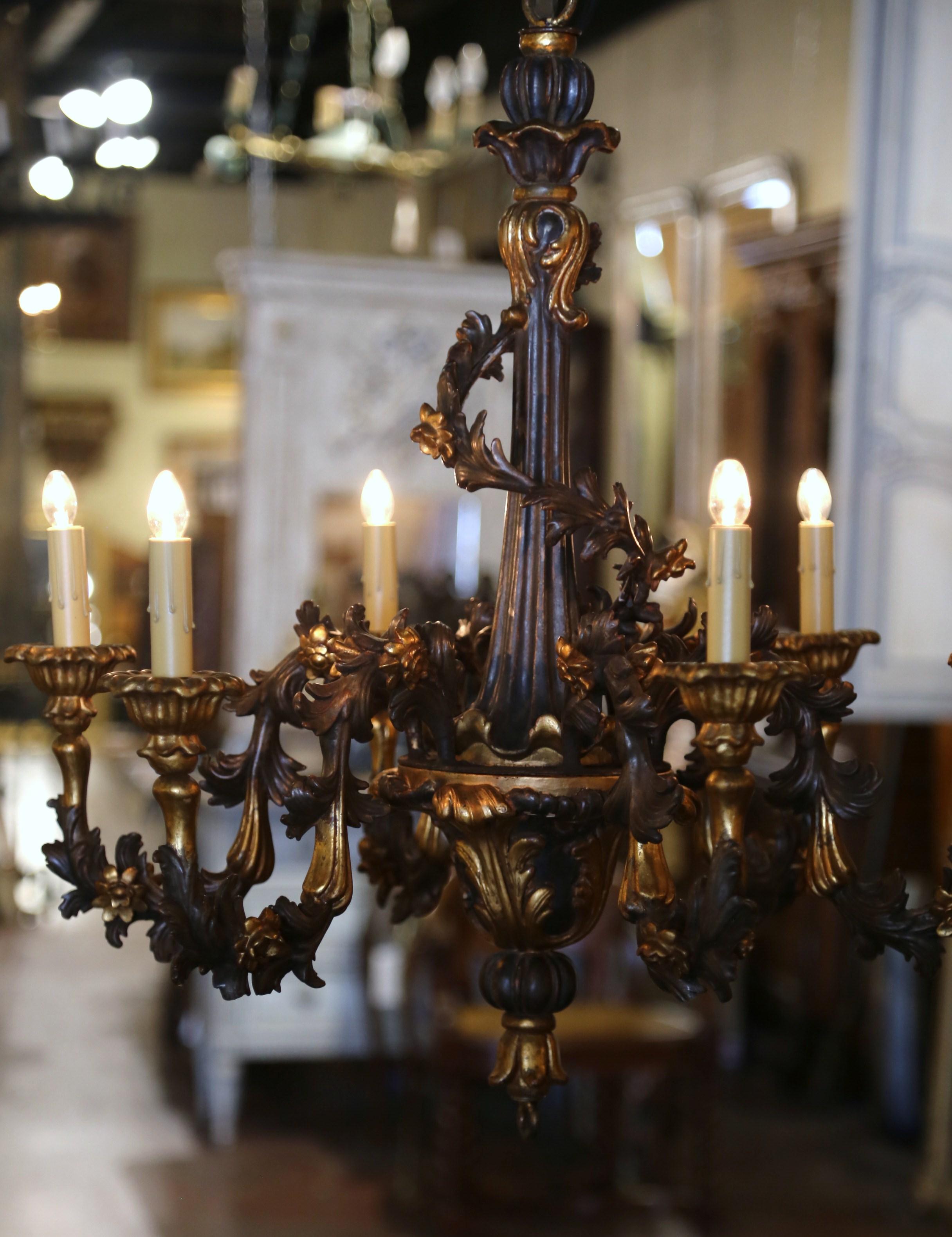 19th Century French Carved Giltwood and Bronze Painted Six-Light Chandelier 3