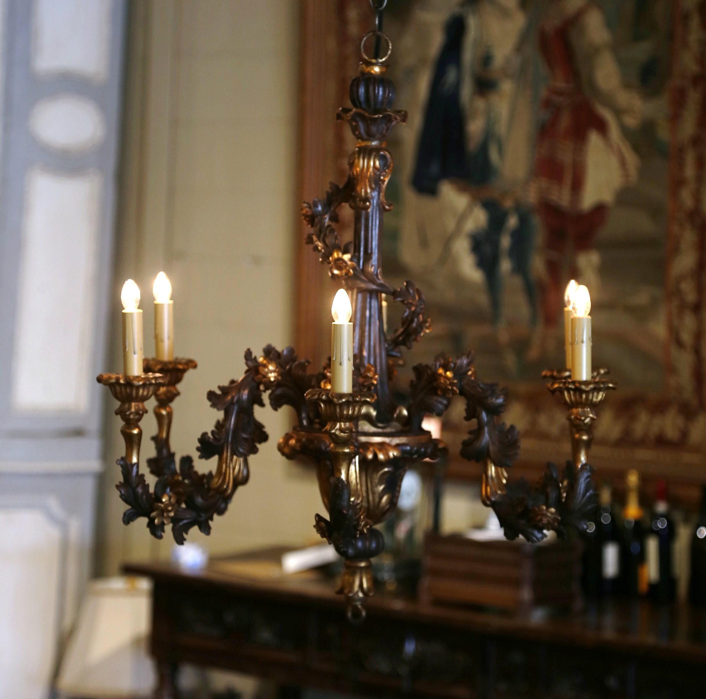 19th Century French Carved Giltwood and Bronze Painted Six-Light Chandelier 4