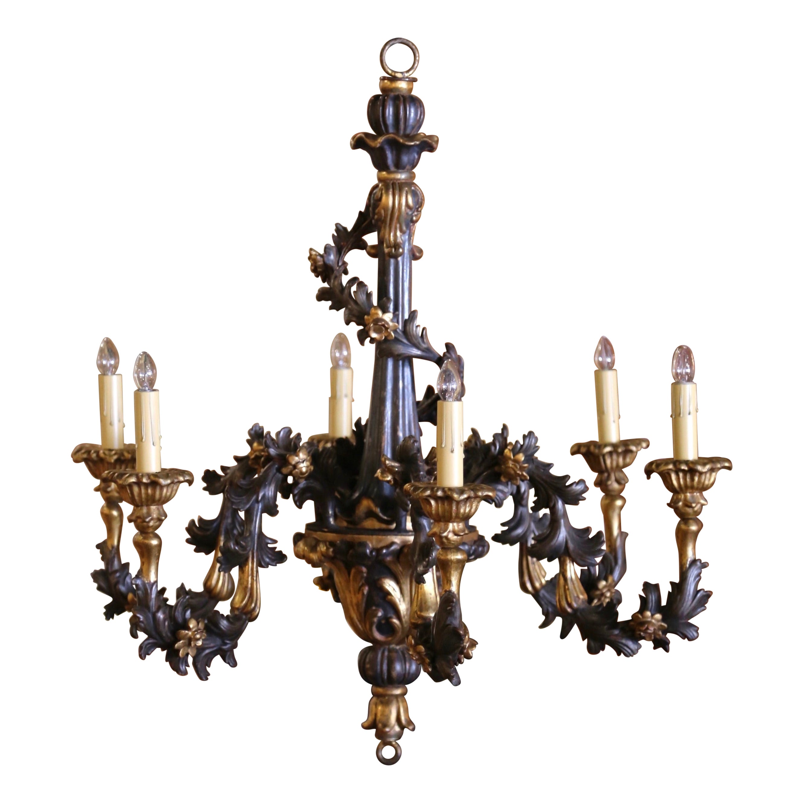 19th Century French Carved Giltwood and Bronze Painted Six-Light Chandelier