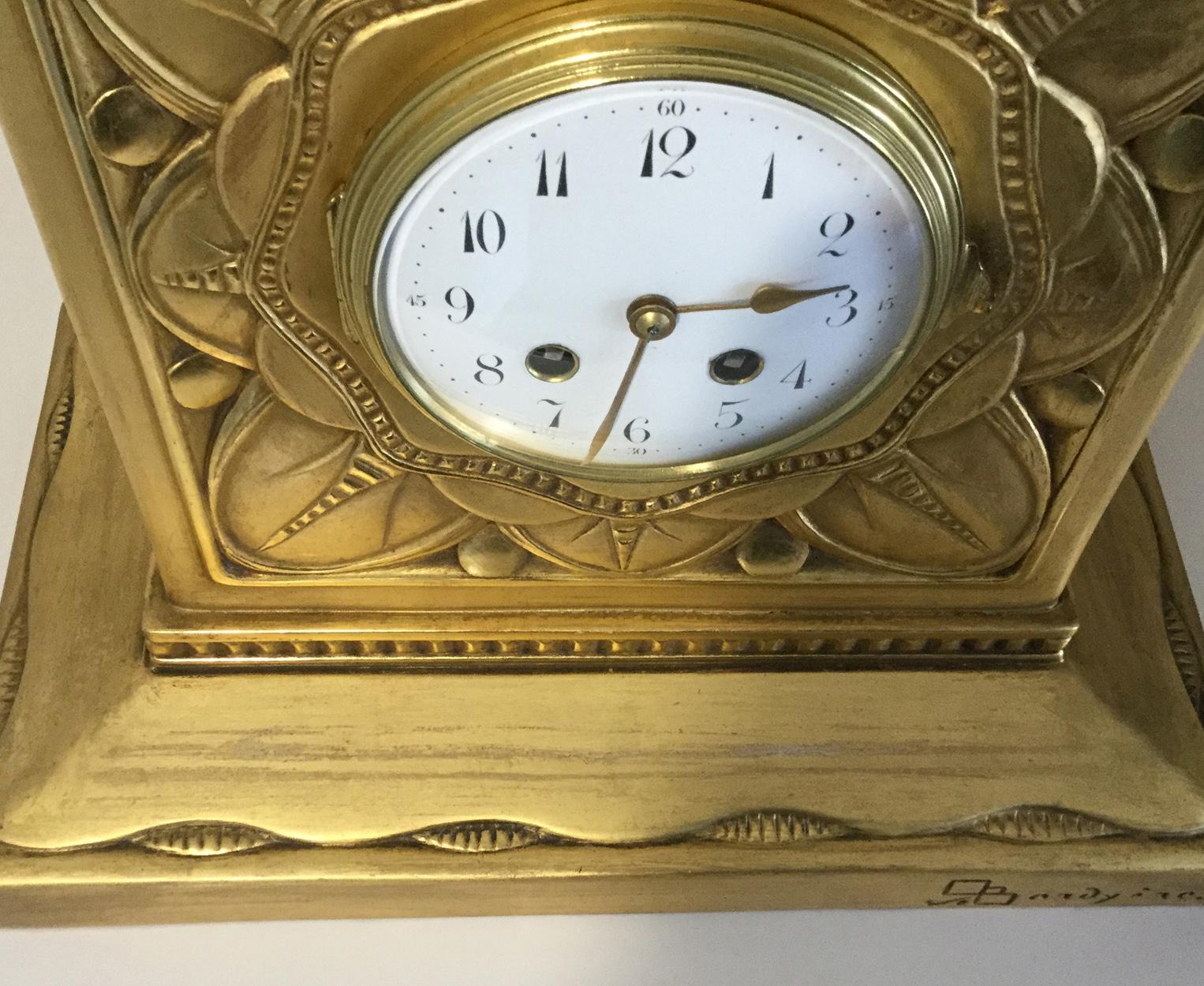 Hand-Carved French Carved Giltwood Mantel Clock, circa 1880, Signed to Case For Sale