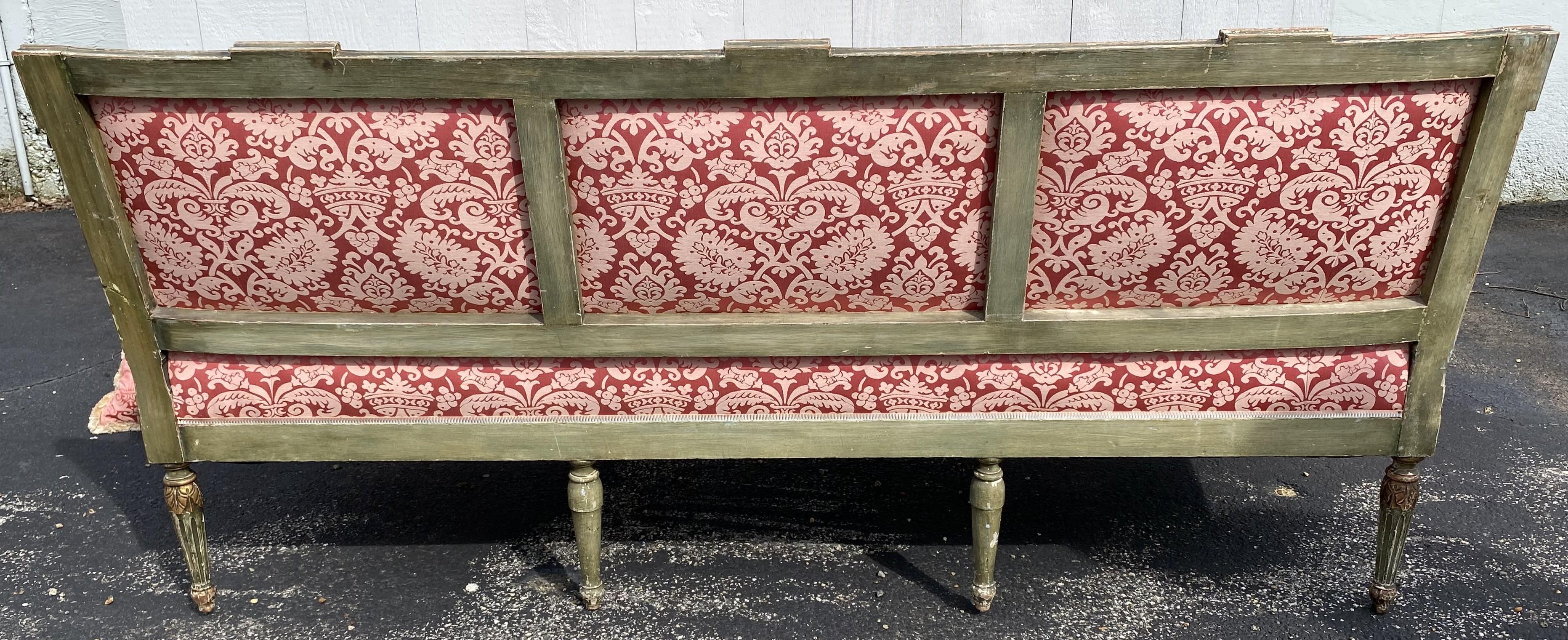 19th Century French Carved Giltwood & Green Sofa with Red Damask Upholstery 5