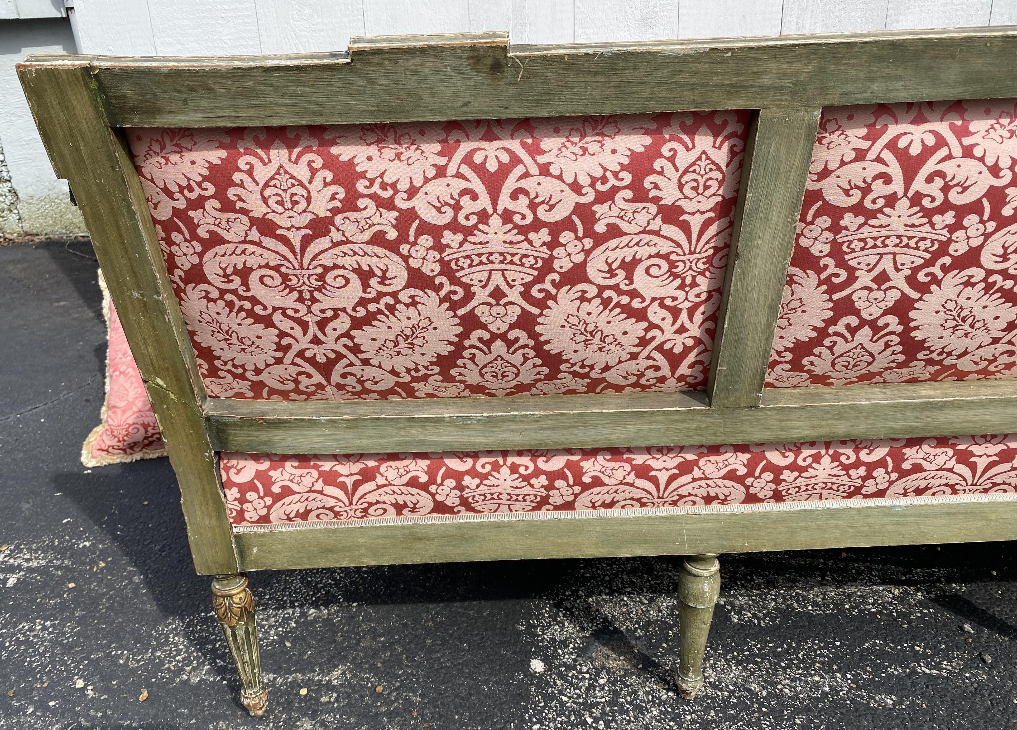 19th Century French Carved Giltwood & Green Sofa with Red Damask Upholstery 6