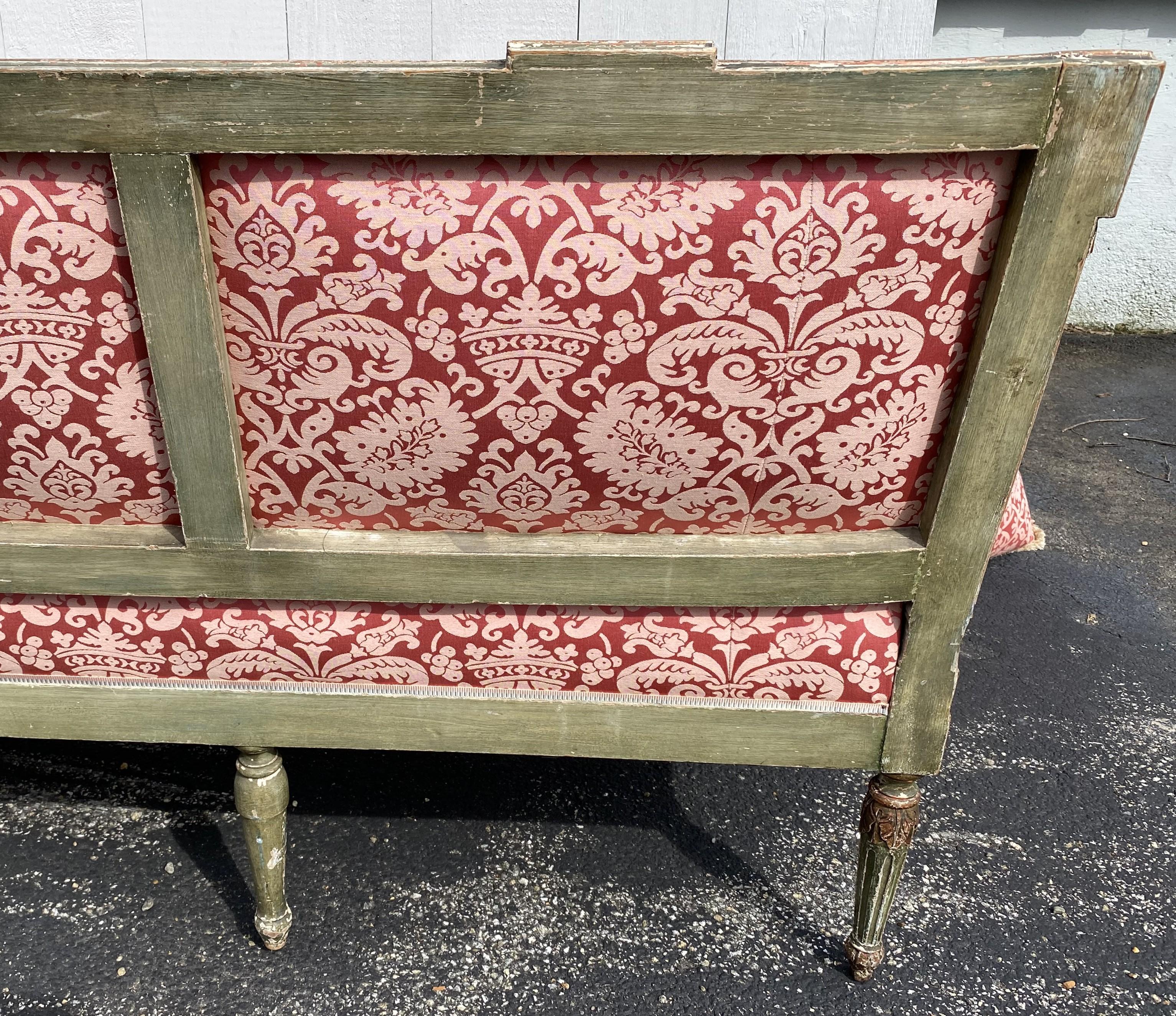 19th Century French Carved Giltwood & Green Sofa with Red Damask Upholstery 8