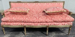 19th Century French Carved Giltwood & Green Sofa with Red Damask Upholstery