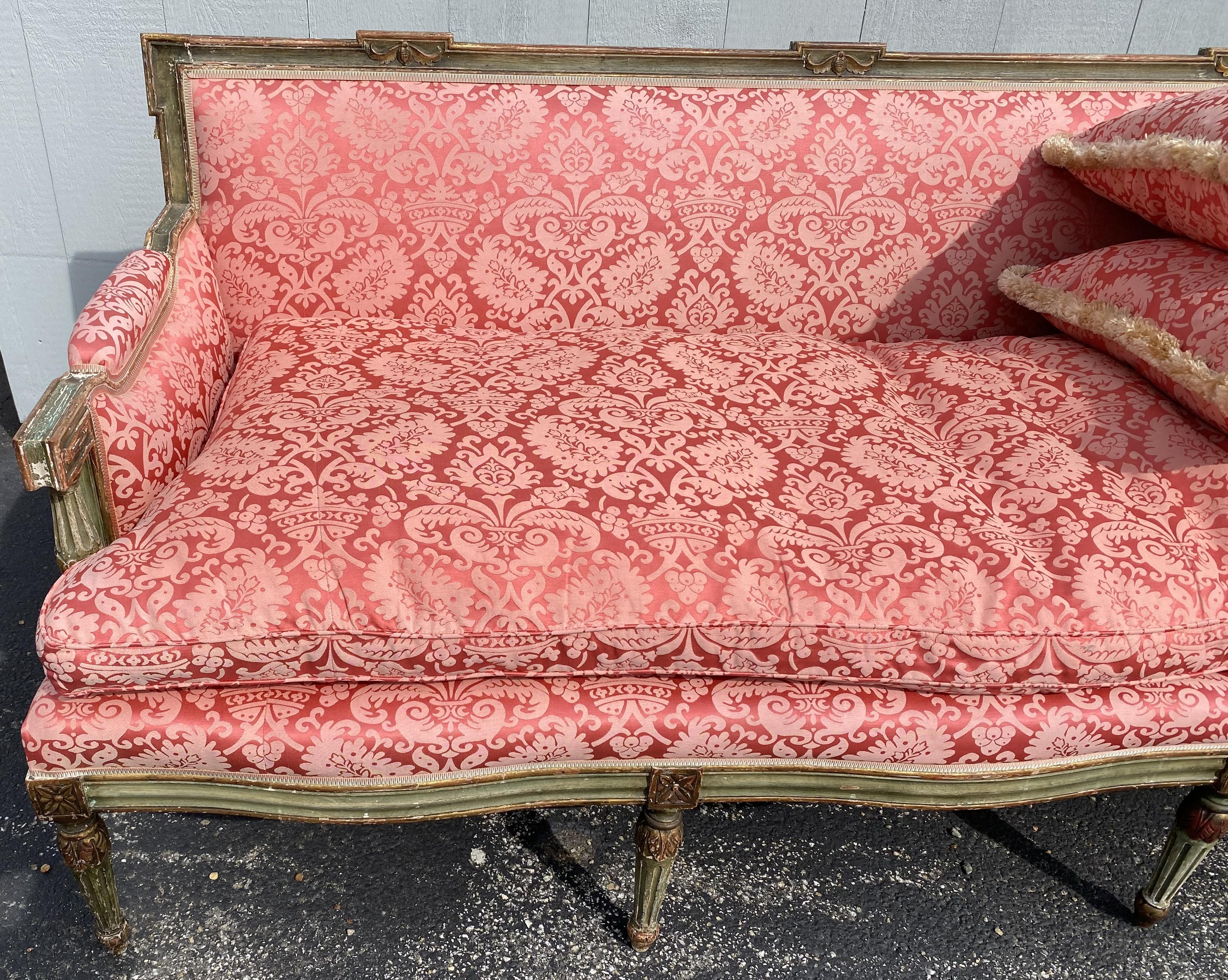 French Provincial 19th Century French Carved Giltwood & Green Sofa with Red Damask Upholstery