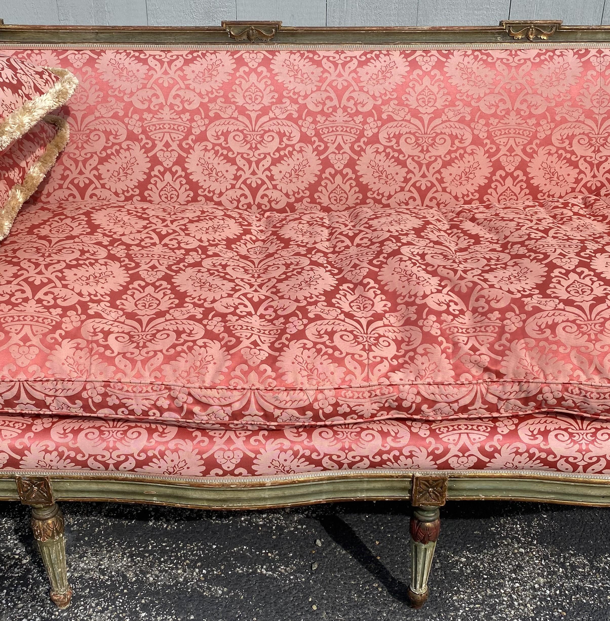 Hand-Carved 19th Century French Carved Giltwood & Green Sofa with Red Damask Upholstery