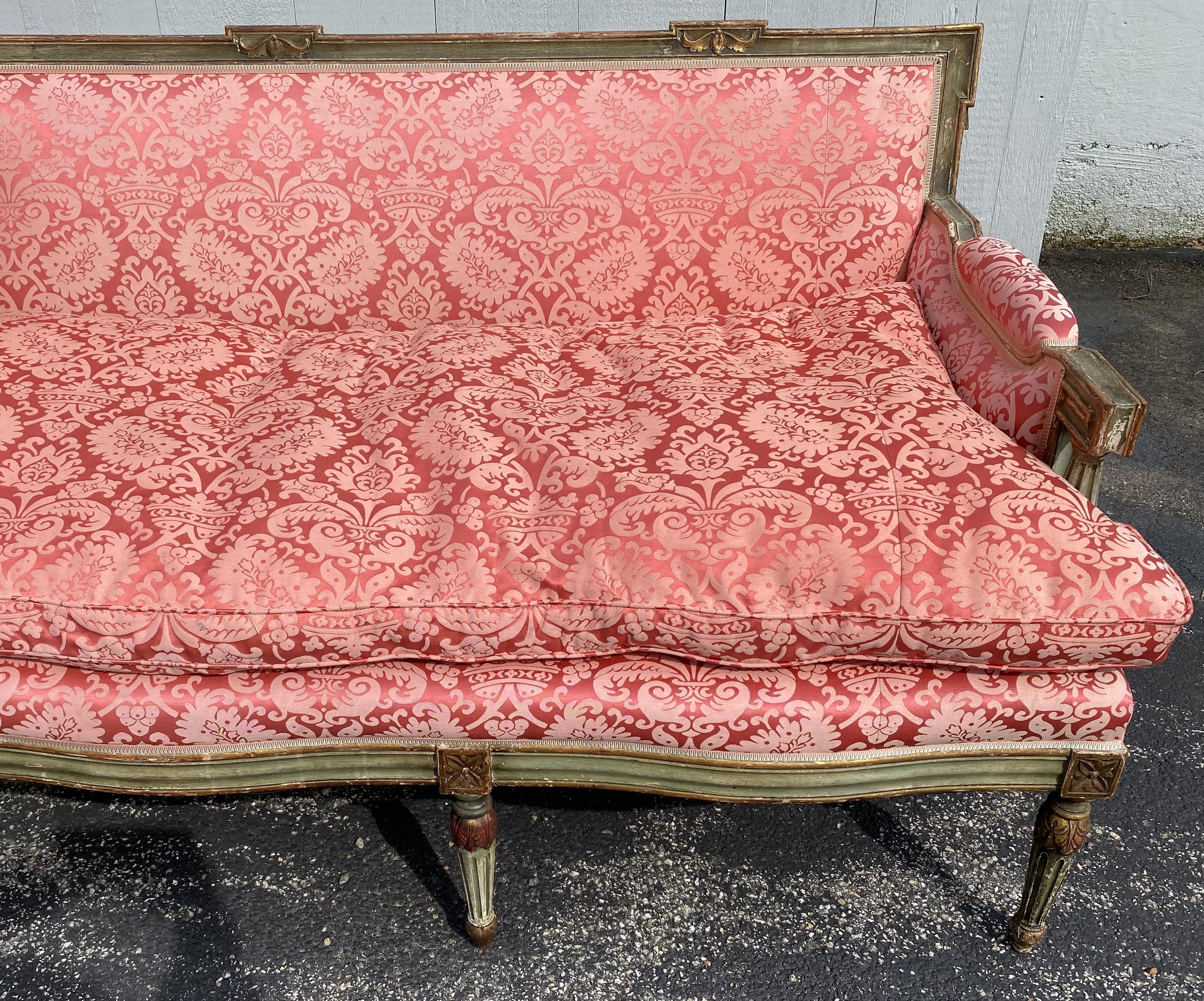 19th Century French Carved Giltwood & Green Sofa with Red Damask Upholstery In Good Condition In Milford, NH