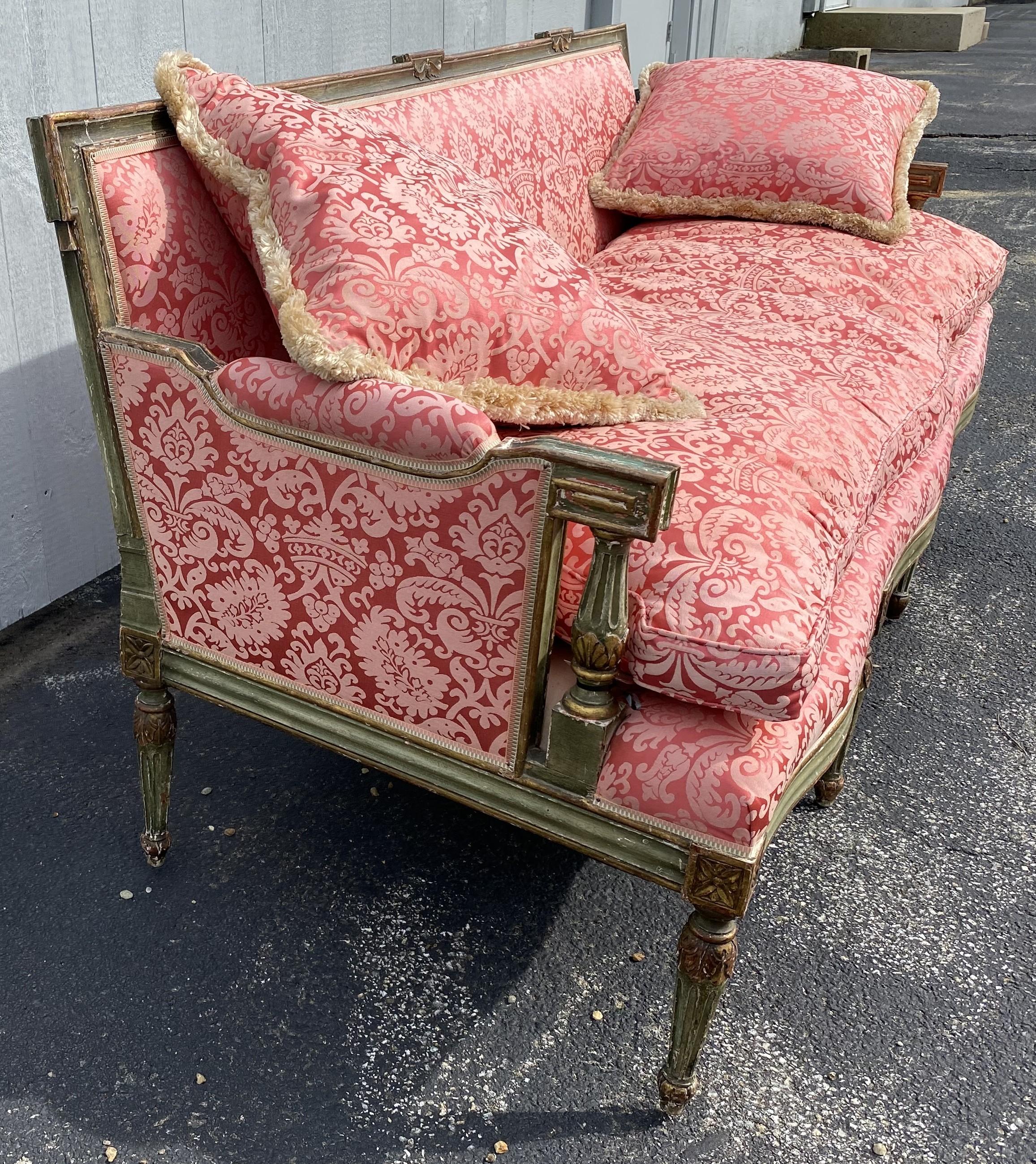 19th Century French Carved Giltwood & Green Sofa with Red Damask Upholstery 1