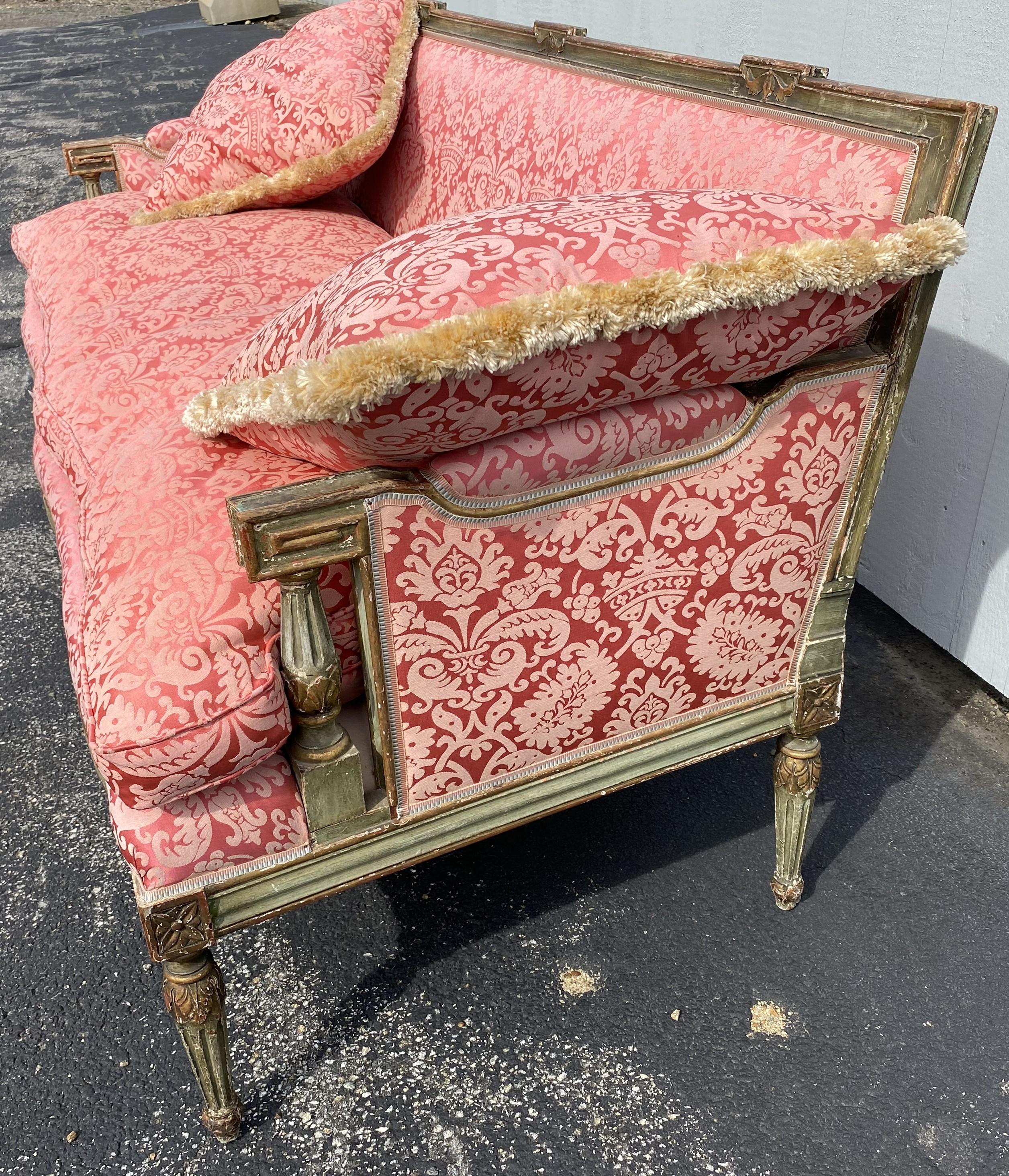 19th Century French Carved Giltwood & Green Sofa with Red Damask Upholstery 2