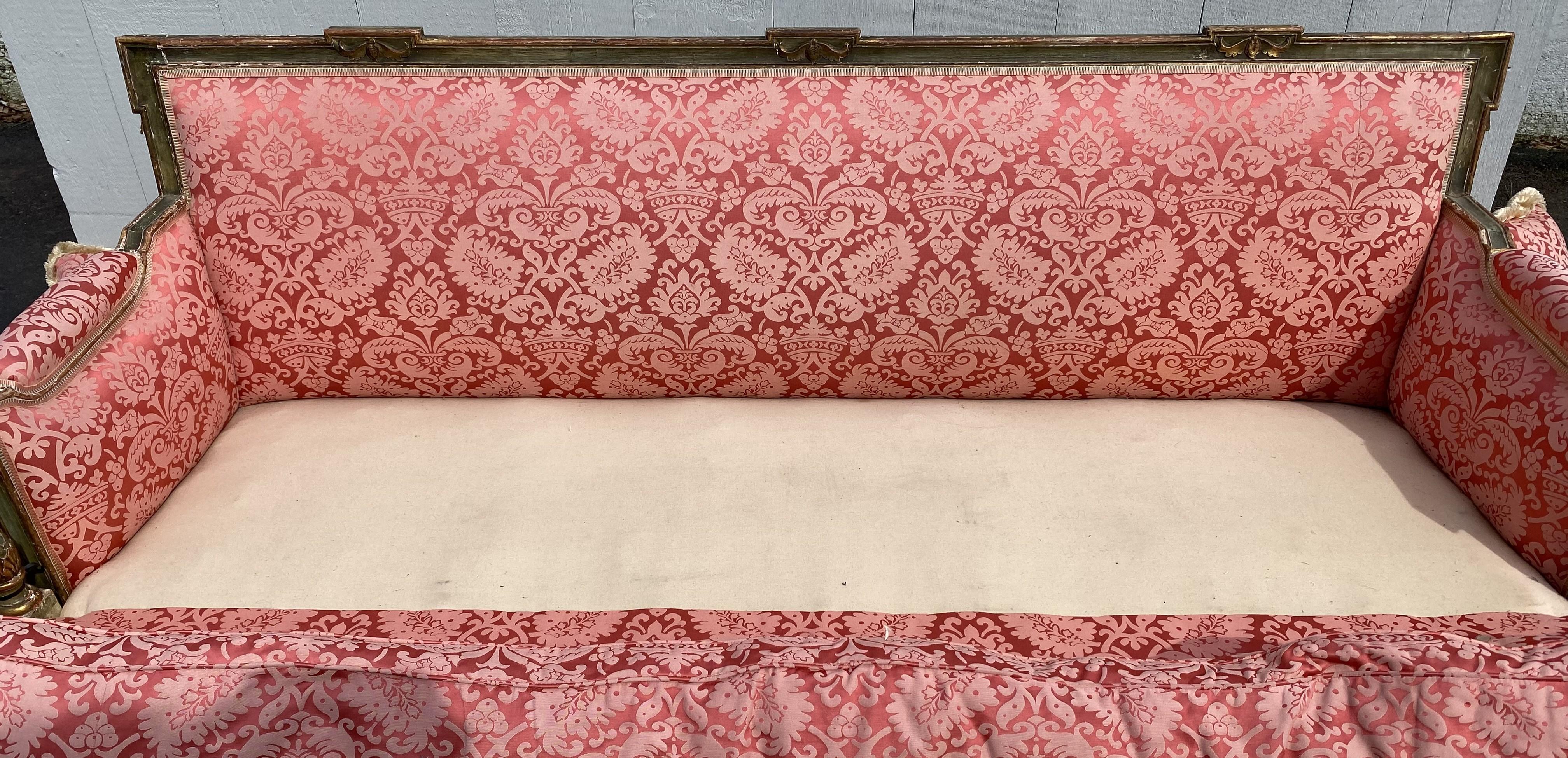 19th Century French Carved Giltwood & Green Sofa with Red Damask Upholstery 3
