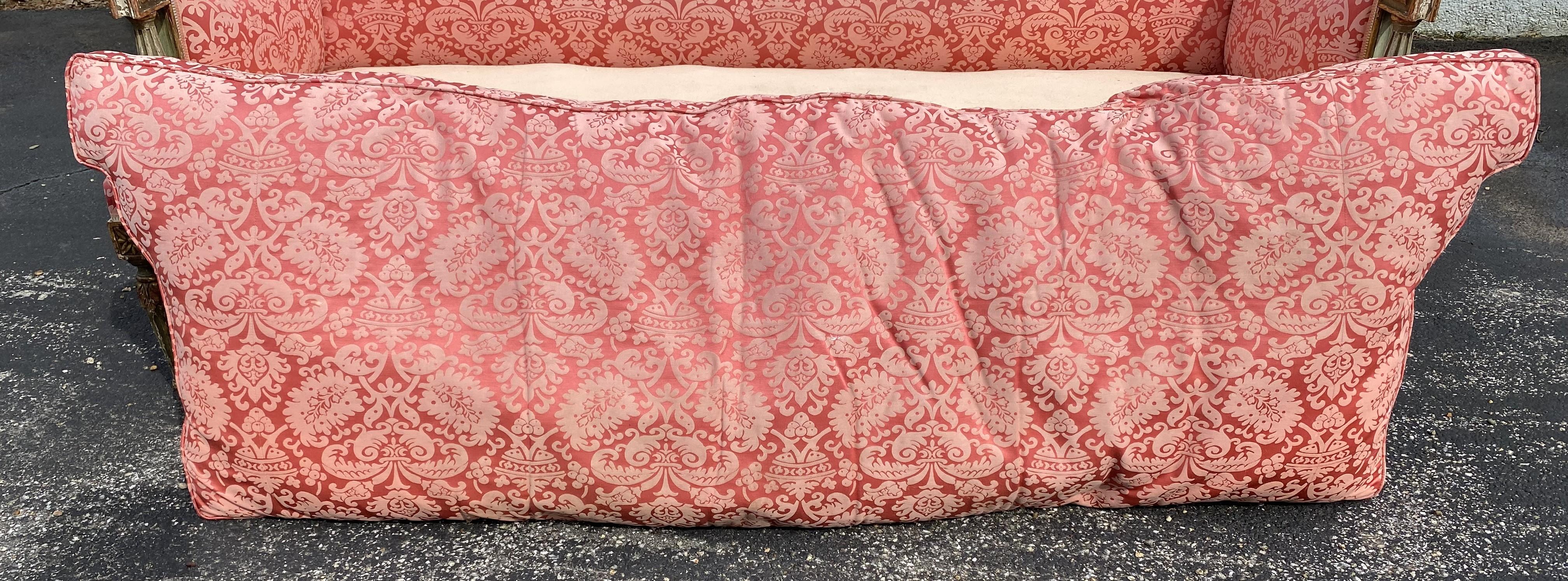 19th Century French Carved Giltwood & Green Sofa with Red Damask Upholstery 4