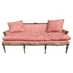 19th Century French Carved Giltwood & Green Sofa with Red Damask Upholstery