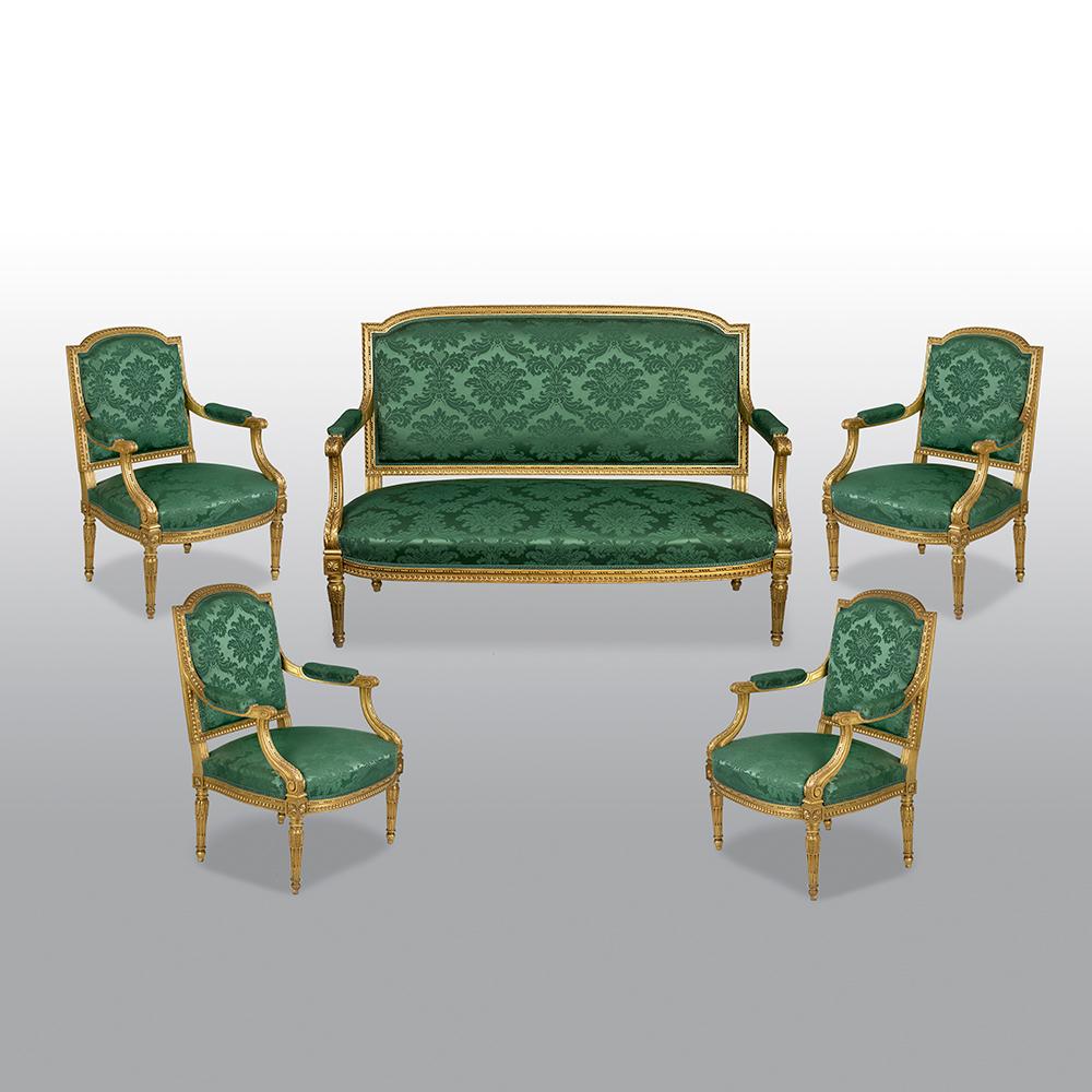 Louis XVI 19th Century French Carved Giltwood Salon Suite with Settee and 4 Armchairs