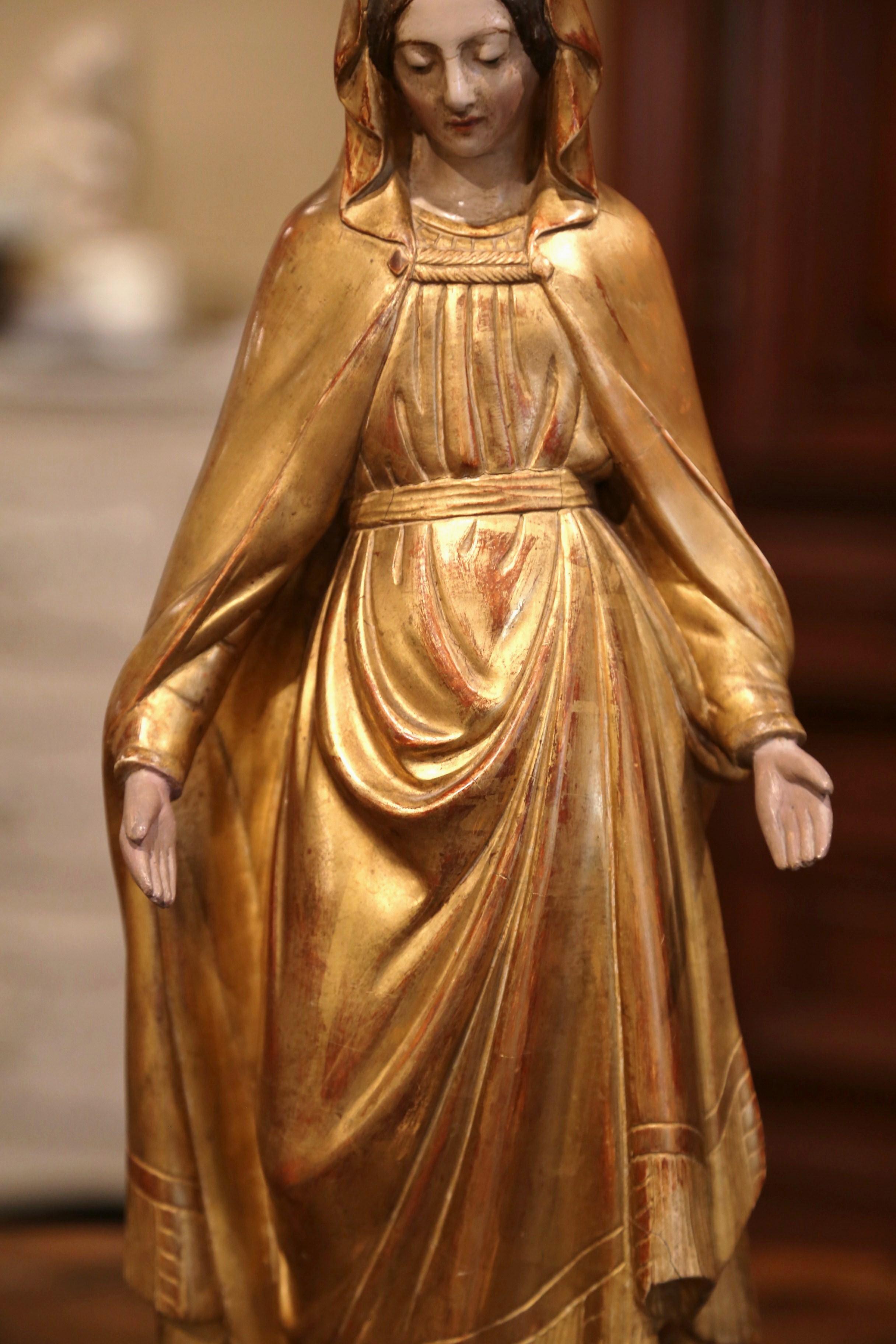 19th Century French Carved Giltwood Virgin Mary Statue on Globe from Provence In Excellent Condition In Dallas, TX