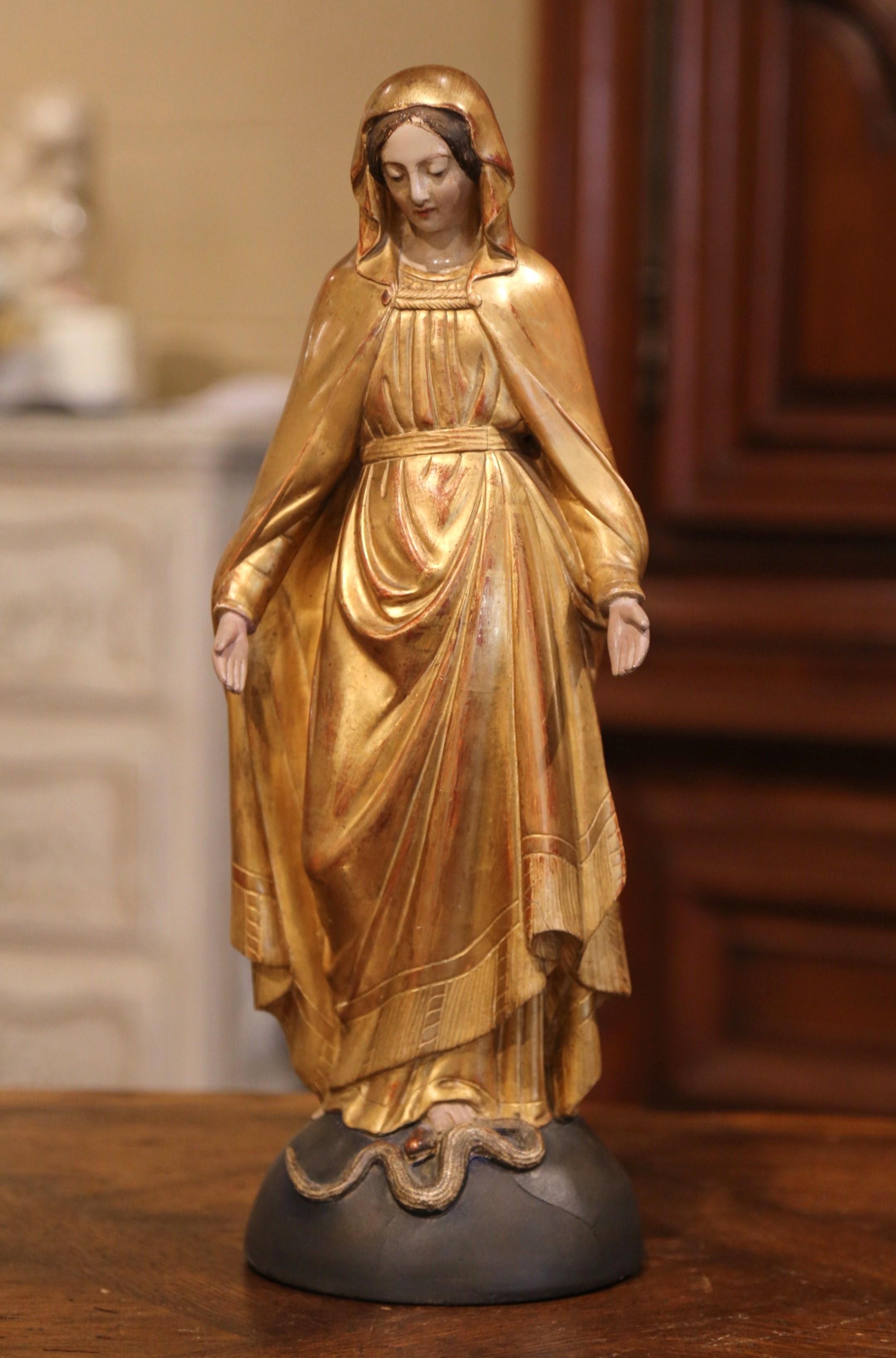 19th Century French Carved Giltwood Virgin Mary Statue on Globe from Provence 1