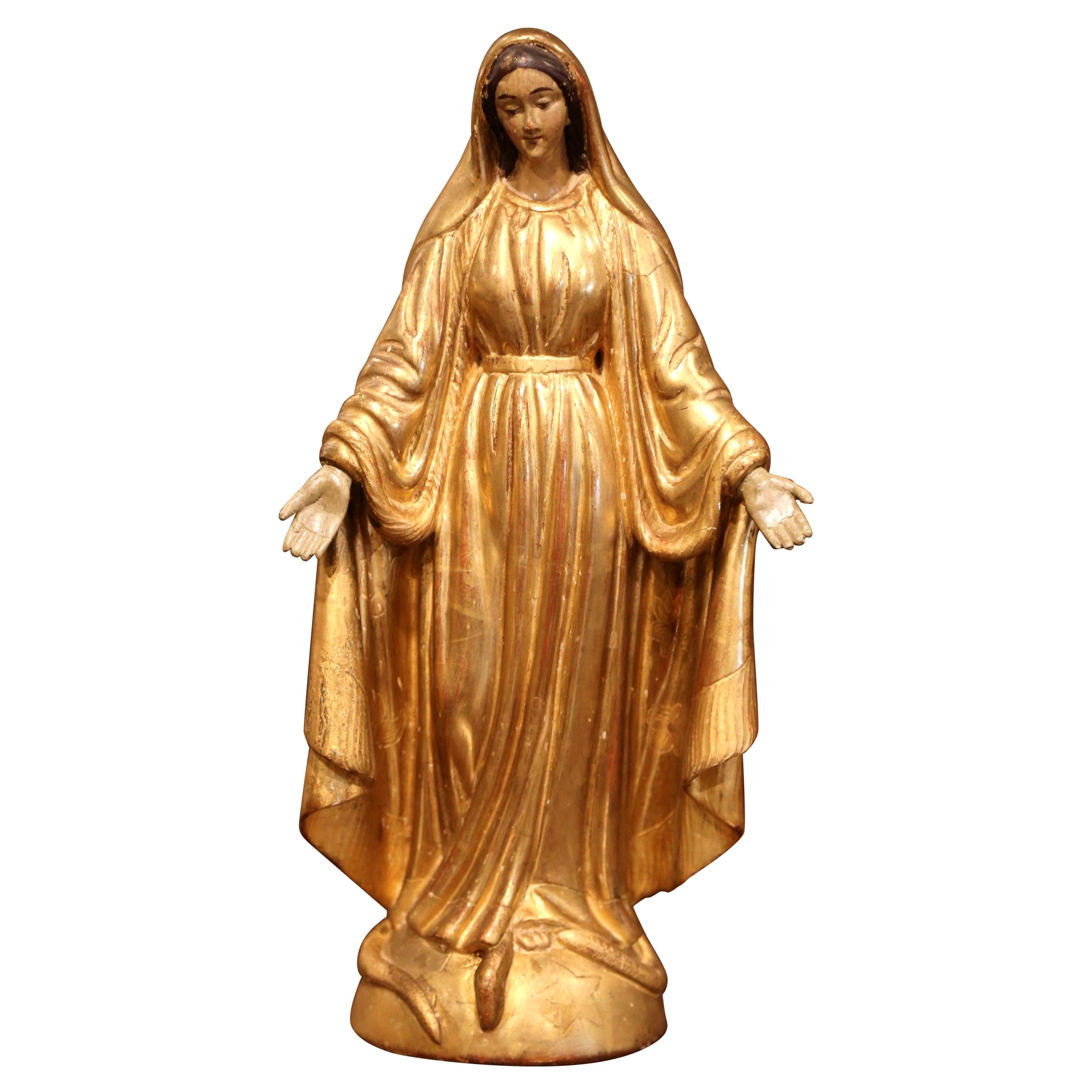 19th Century French Carved Giltwood Virgin Mary Statue on Globe from Provence