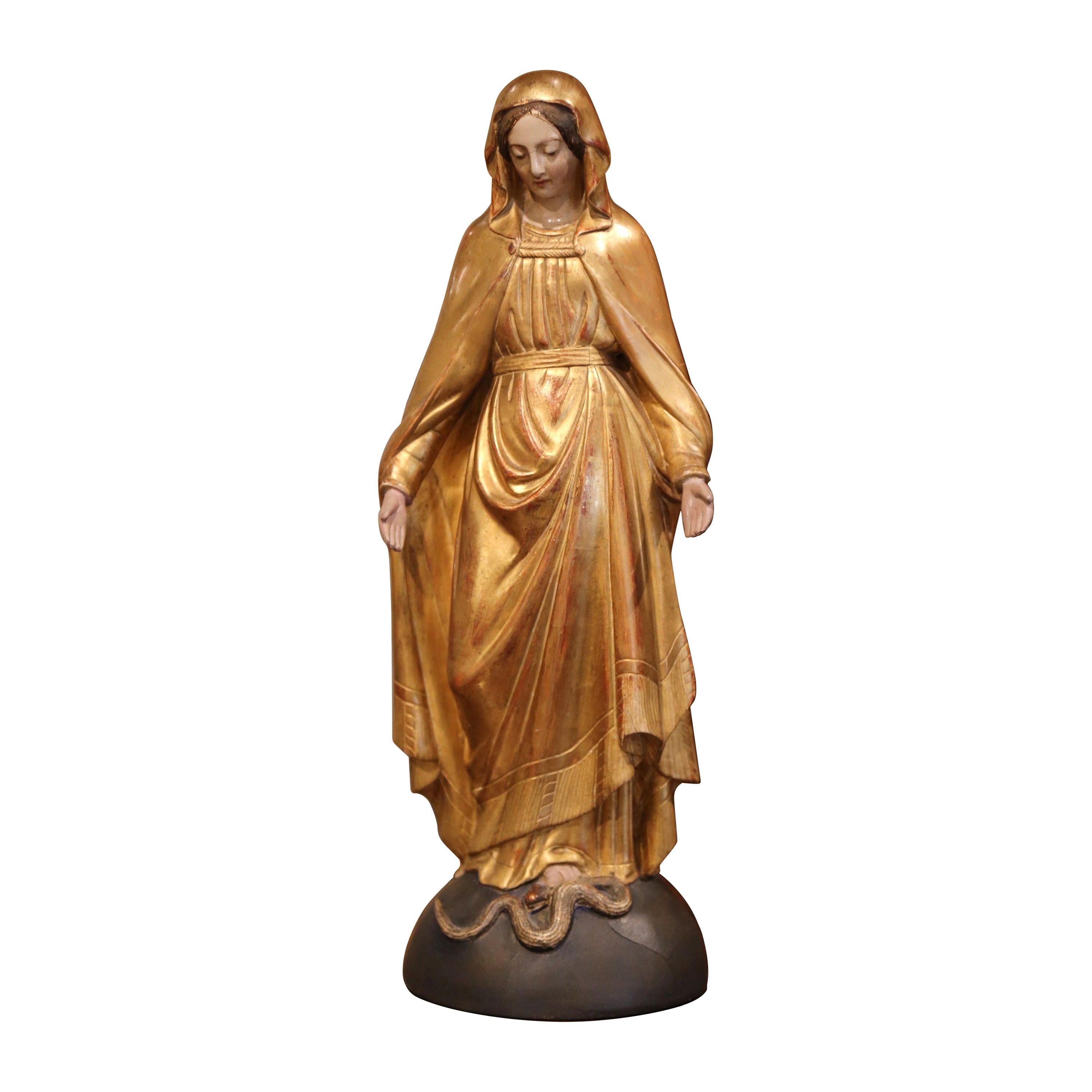 19th Century French Carved Giltwood Virgin Mary Statue on Globe from Provence