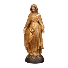 19th Century French Carved Giltwood Virgin Mary Statue on Globe from Provence