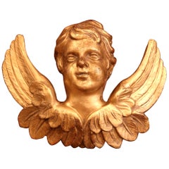 19th Century French Carved Giltwood Wall Hanging Cherub with Wings