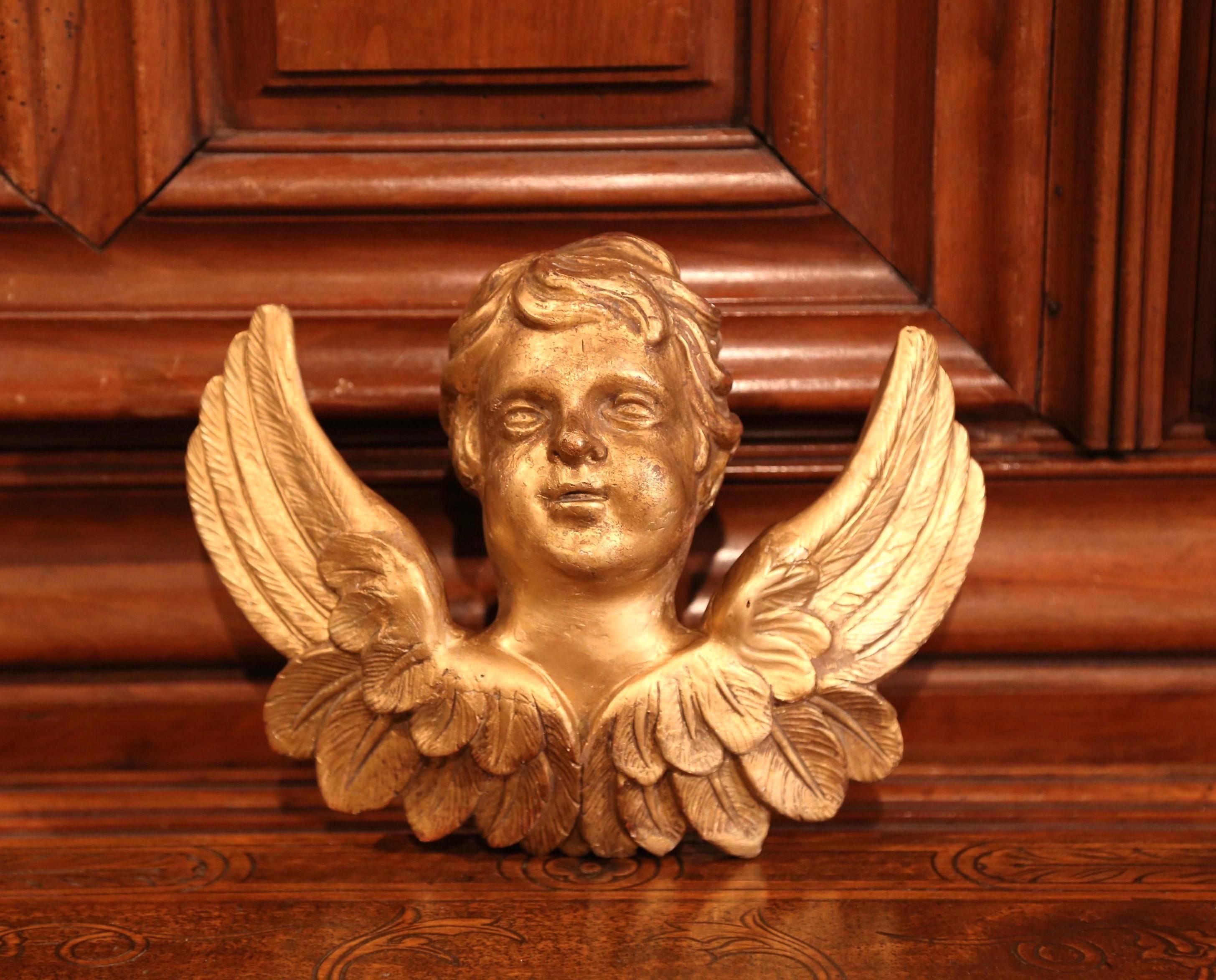 19th Century French Carved Giltwood Wall Hanging Cherub with Wings 1