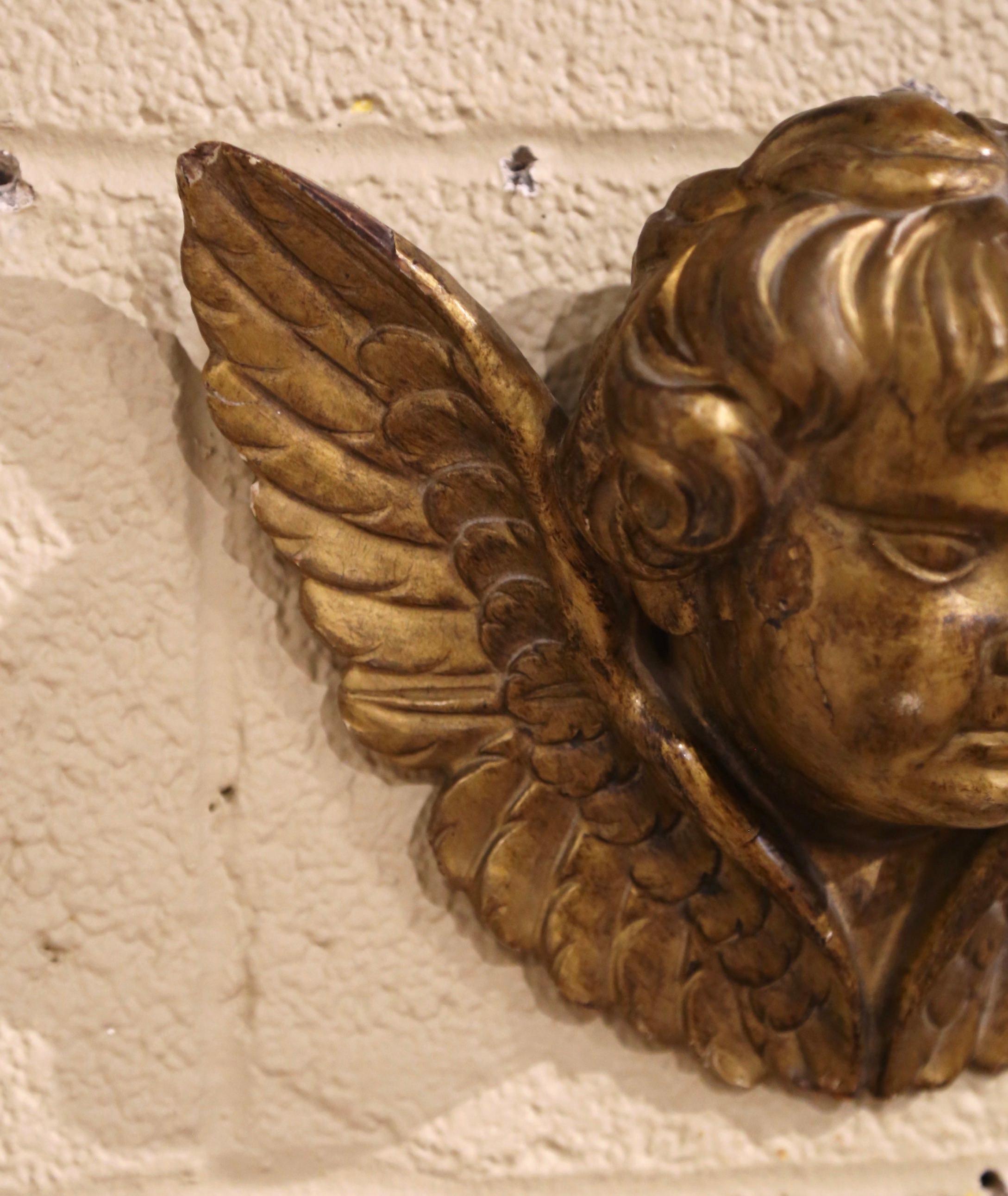 19th Century French Carved Giltwood Wall Hanging Winged Cherub In Excellent Condition In Dallas, TX