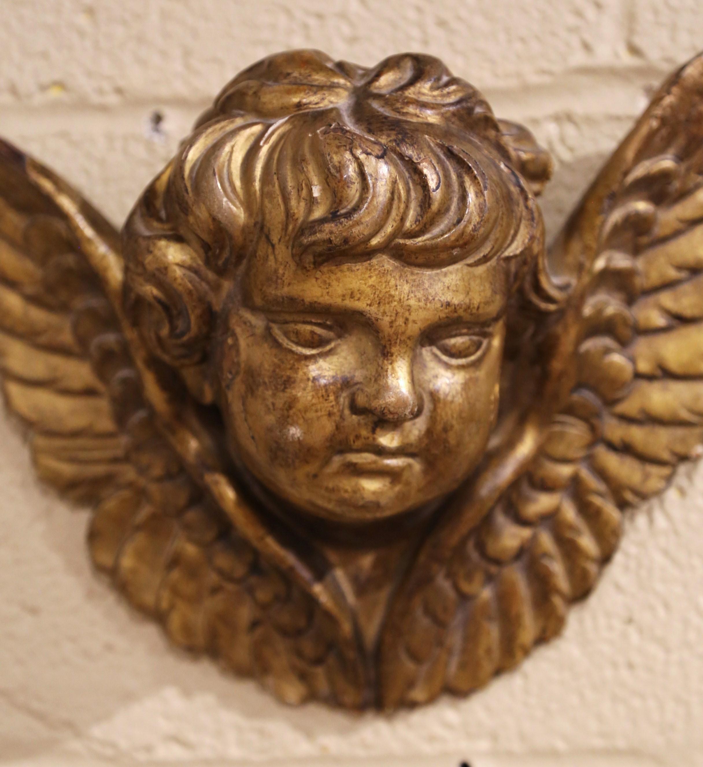 19th Century French Carved Giltwood Wall Hanging Winged Cherub 1
