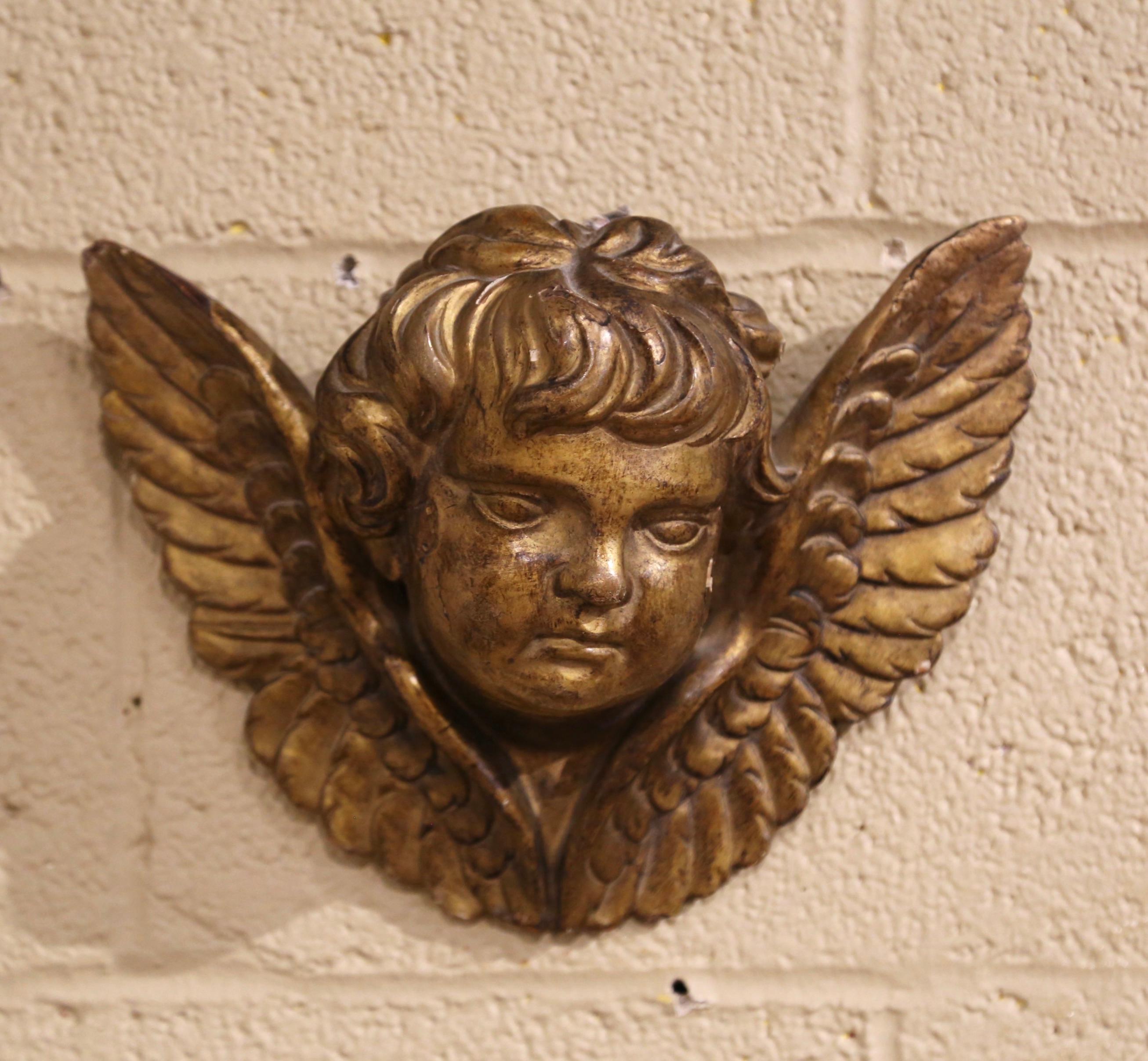 19th Century French Carved Giltwood Wall Hanging Winged Cherub 3