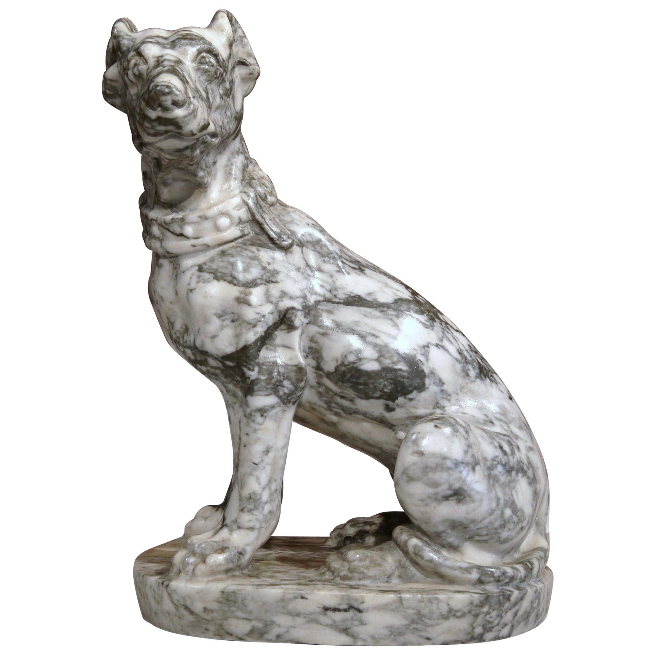 19th Century French Carved Grey and White Marble Dog Sculpture