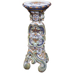 19th Century French Carved Hand Painted Faience Pedestal Table from Rouen
