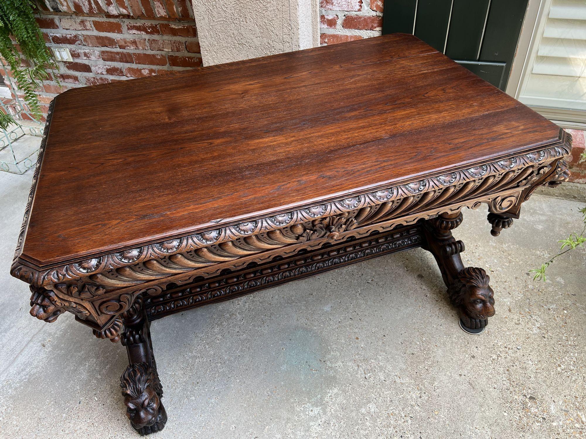 19th Century French Carved Lion Library Table Desk Renaissance Gothic Large Oak 5