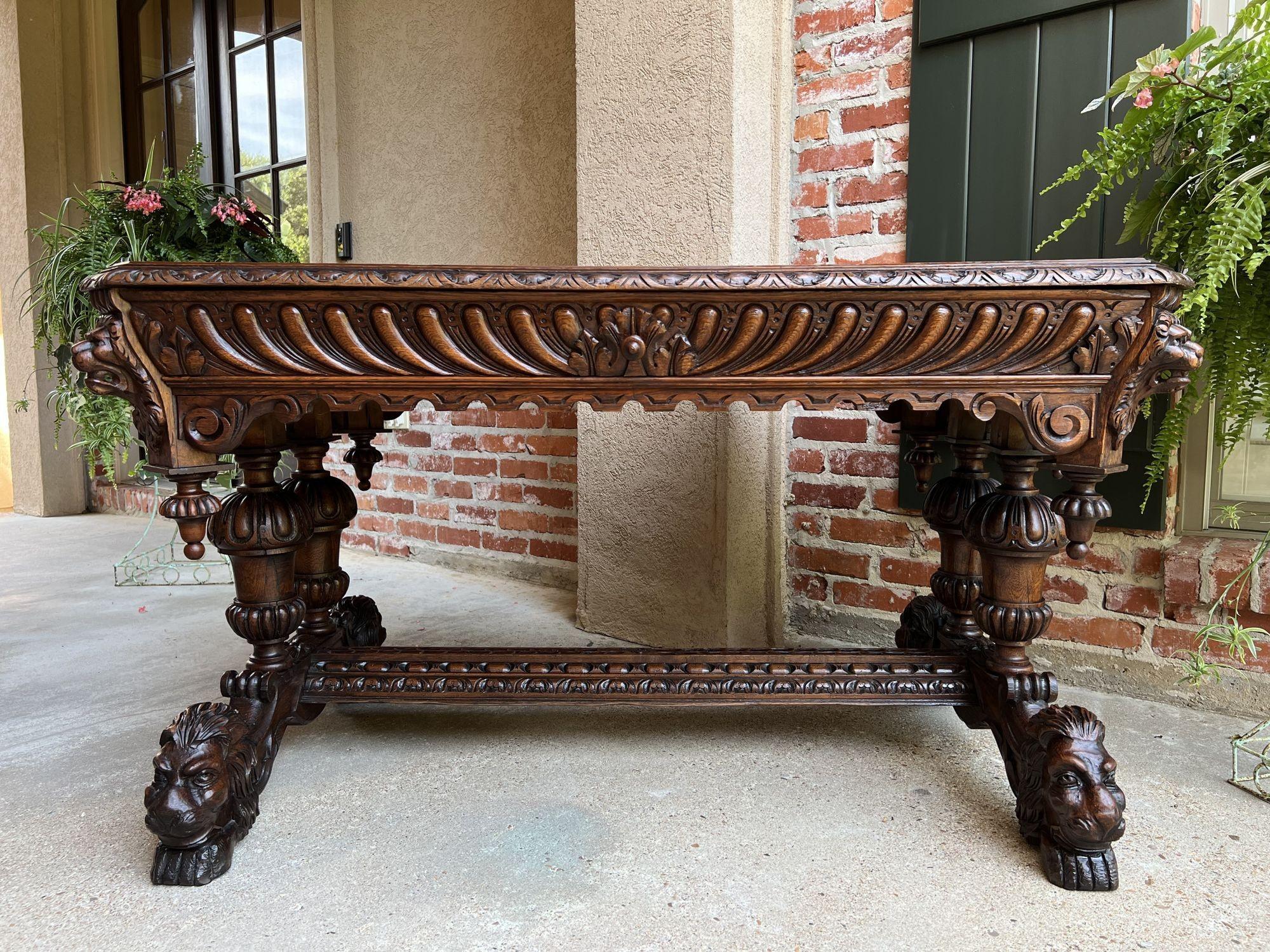 19th Century French Carved Lion Library Table Desk Renaissance Gothic Large Oak 8