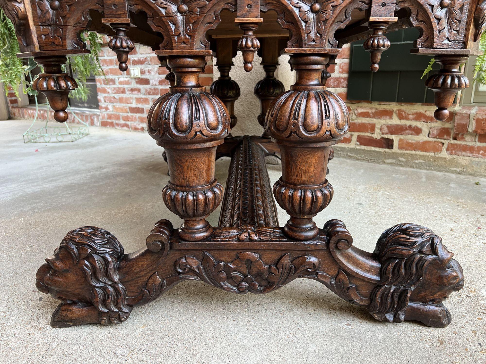 19th Century French Carved Lion Library Table Desk Renaissance Gothic Large Oak 11