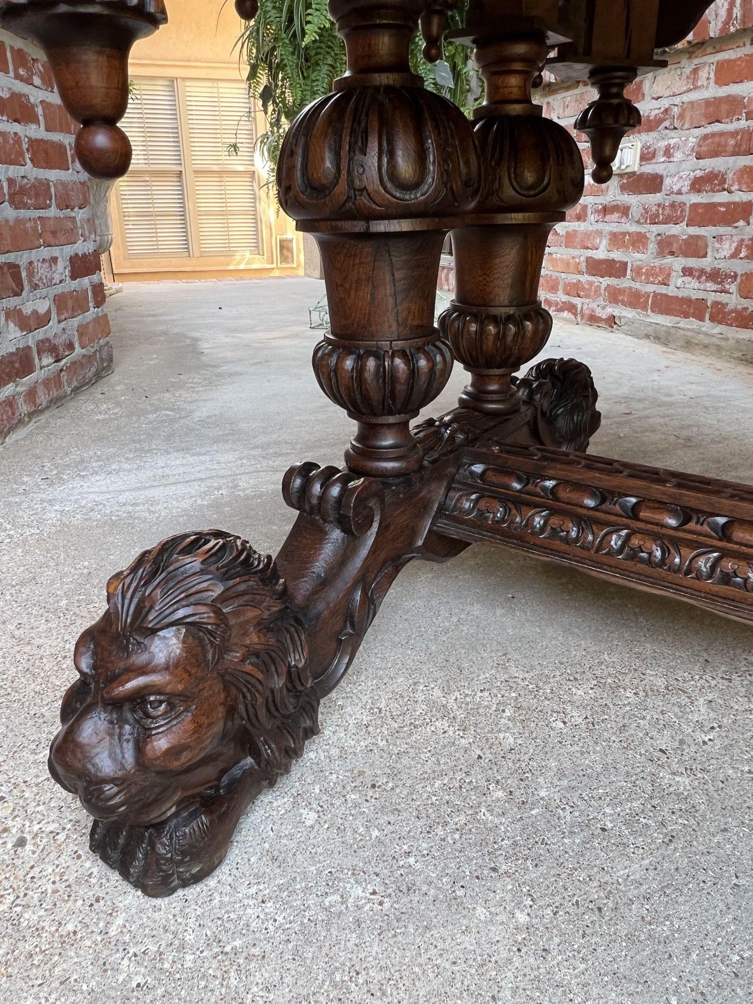 19th Century French Carved Lion Library Table Desk Renaissance Gothic Large Oak 13
