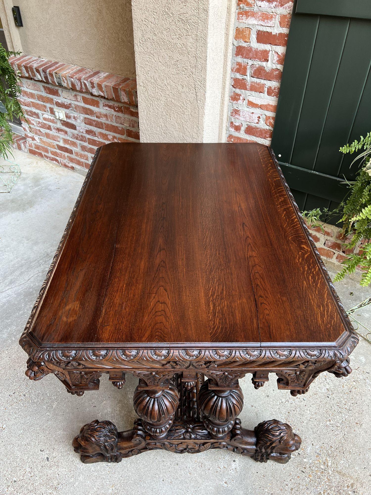 19th Century French Carved Lion Library Table Desk Renaissance Gothic Large Oak 14