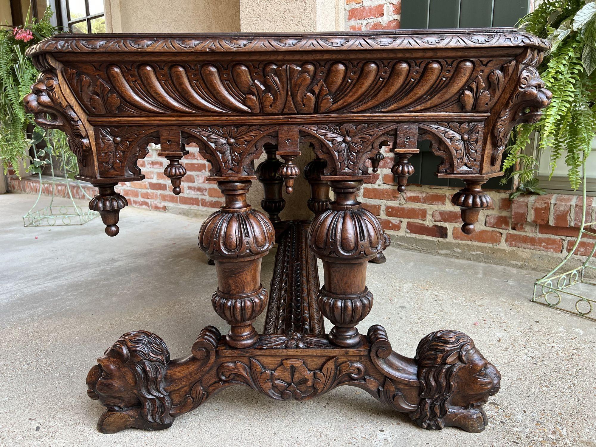 Hand-Carved 19th Century French Carved Lion Library Table Desk Renaissance Gothic Large Oak