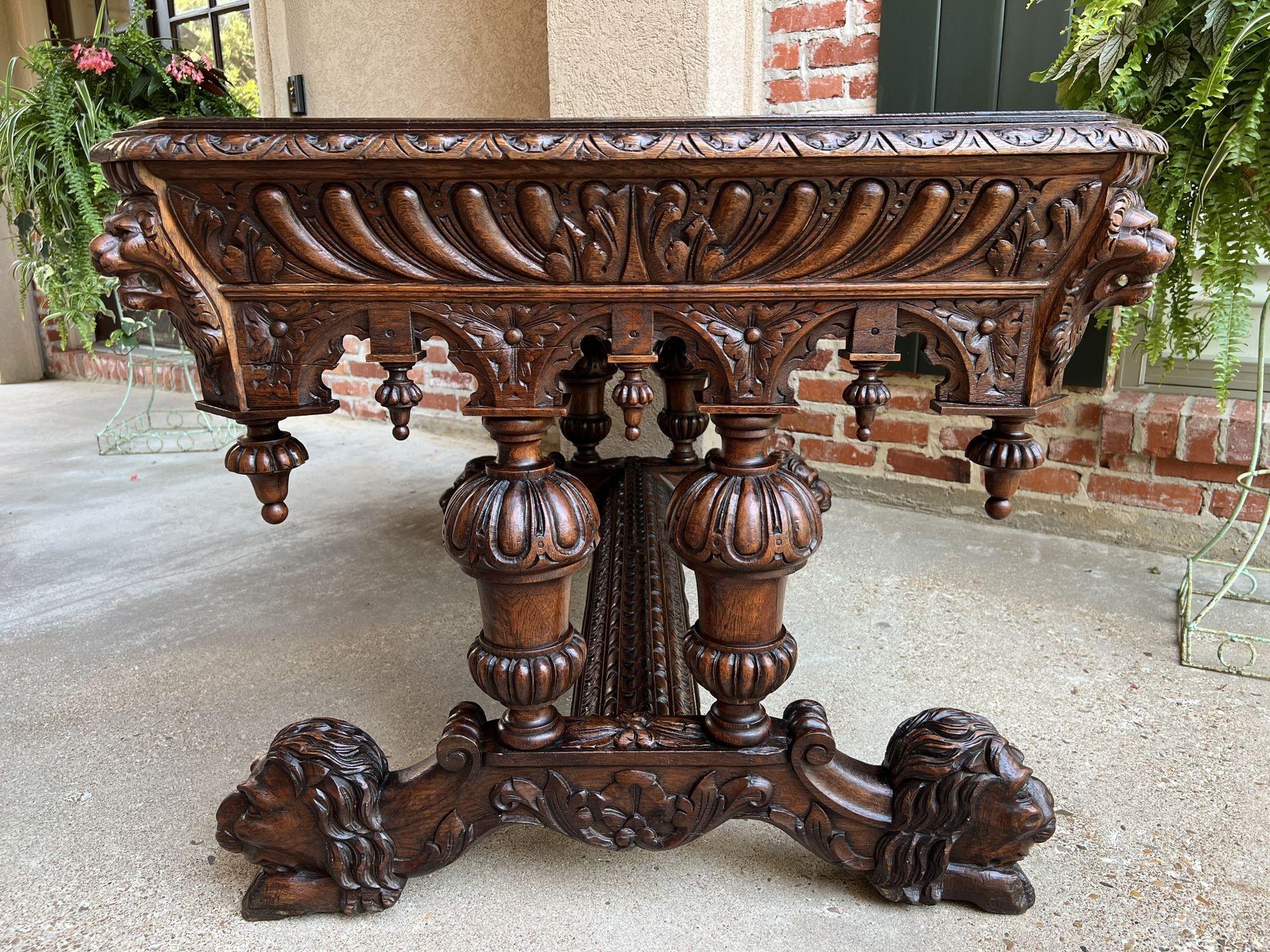 19th Century French Carved Lion Library Table Desk Renaissance Gothic Large Oak In Good Condition In Shreveport, LA