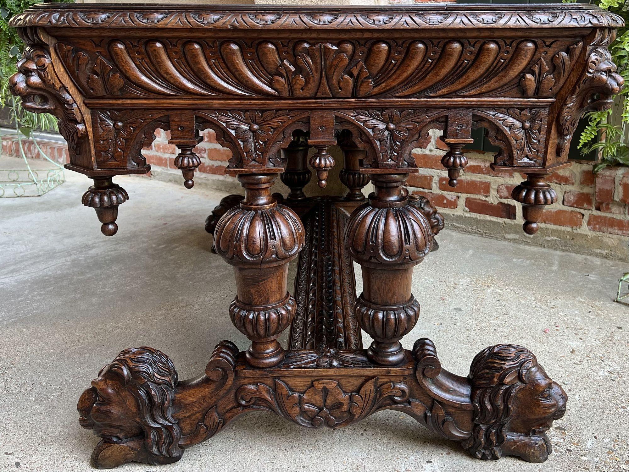 19th Century French Carved Lion Library Table Desk Renaissance Gothic Large Oak 1
