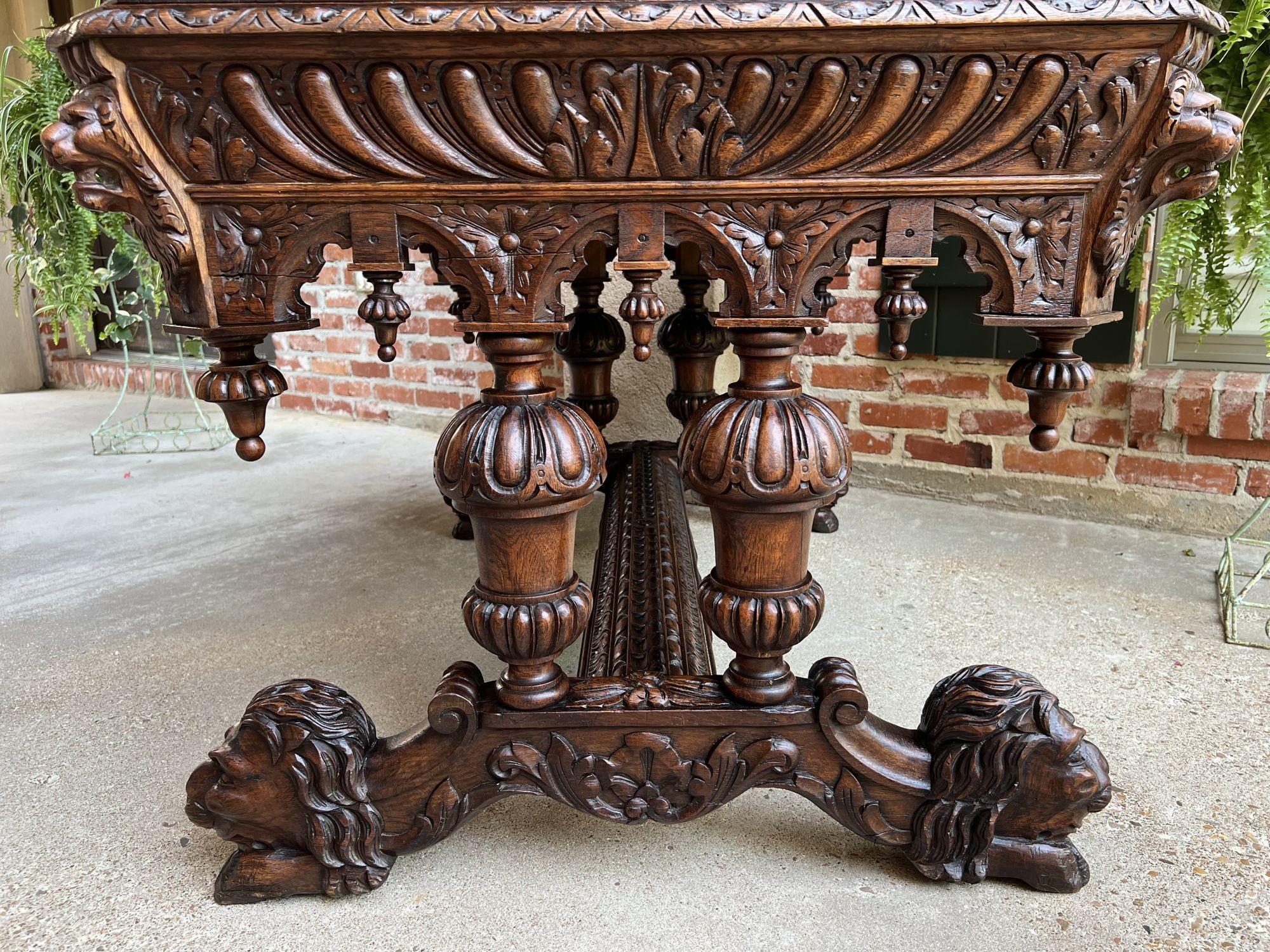 19th Century French Carved Lion Library Table Desk Renaissance Gothic Large Oak 2