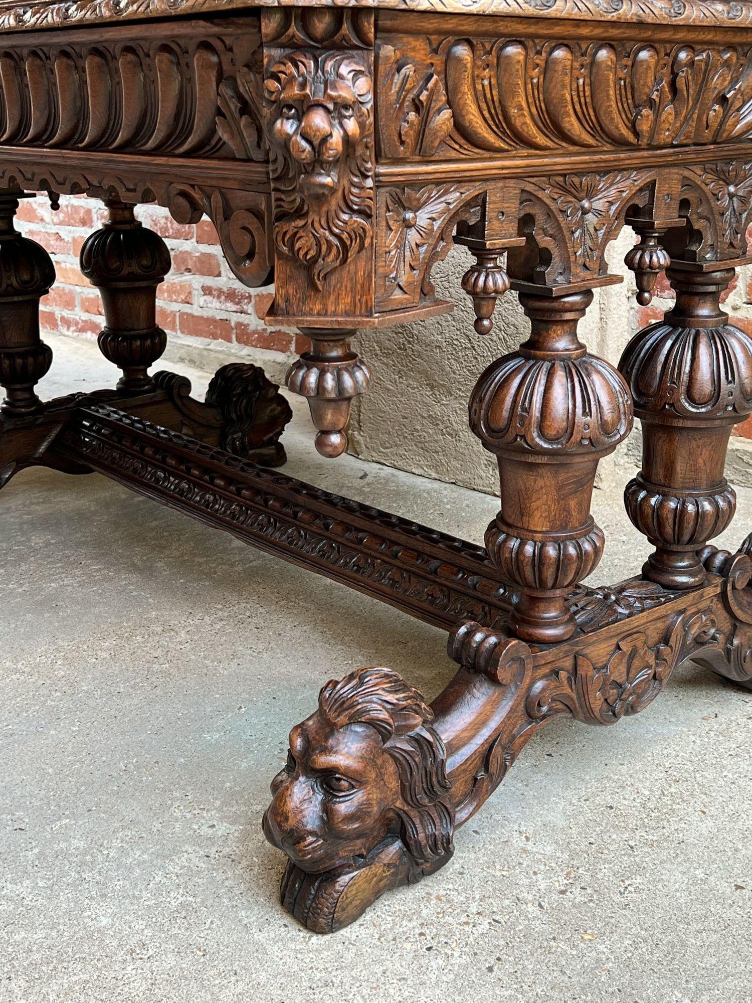 19th Century French Carved Lion Library Table Desk Renaissance Gothic Large Oak 3