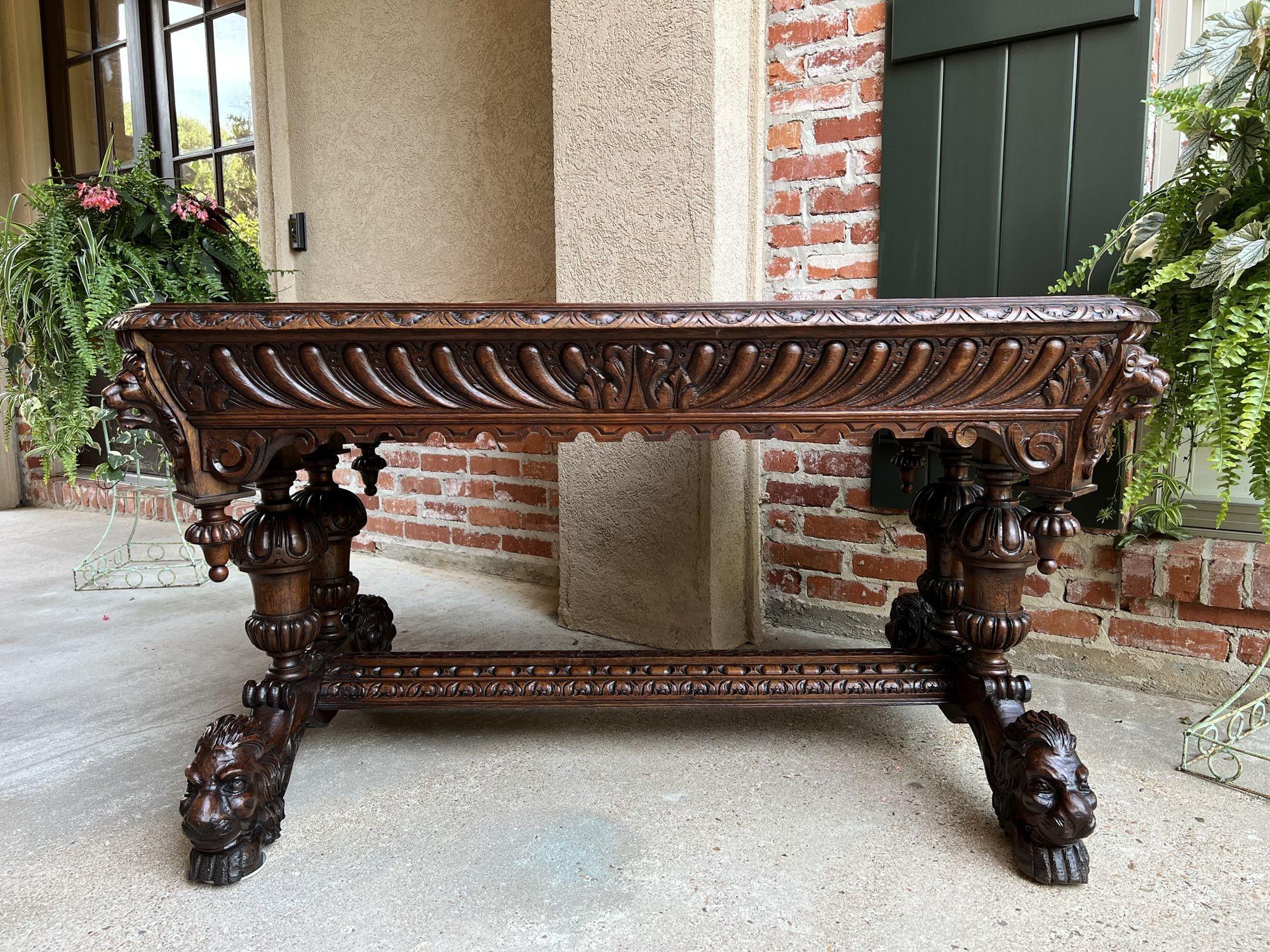 19th Century French Carved Lion Library Table Desk Renaissance Gothic Large Oak 4