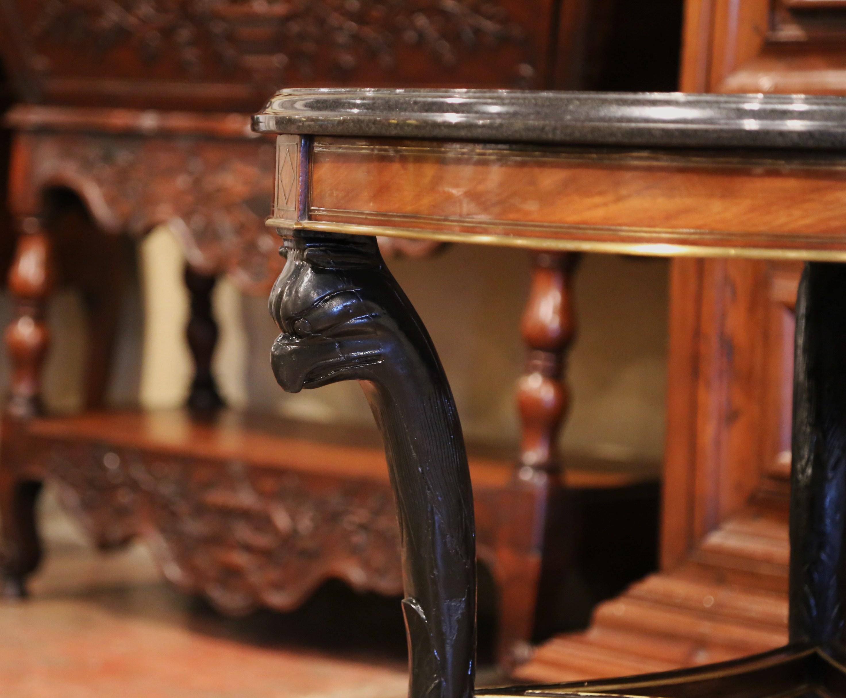19th Century French Carved Mahogany and Brass Inlay Gueridon with Marble Top In Excellent Condition In Dallas, TX