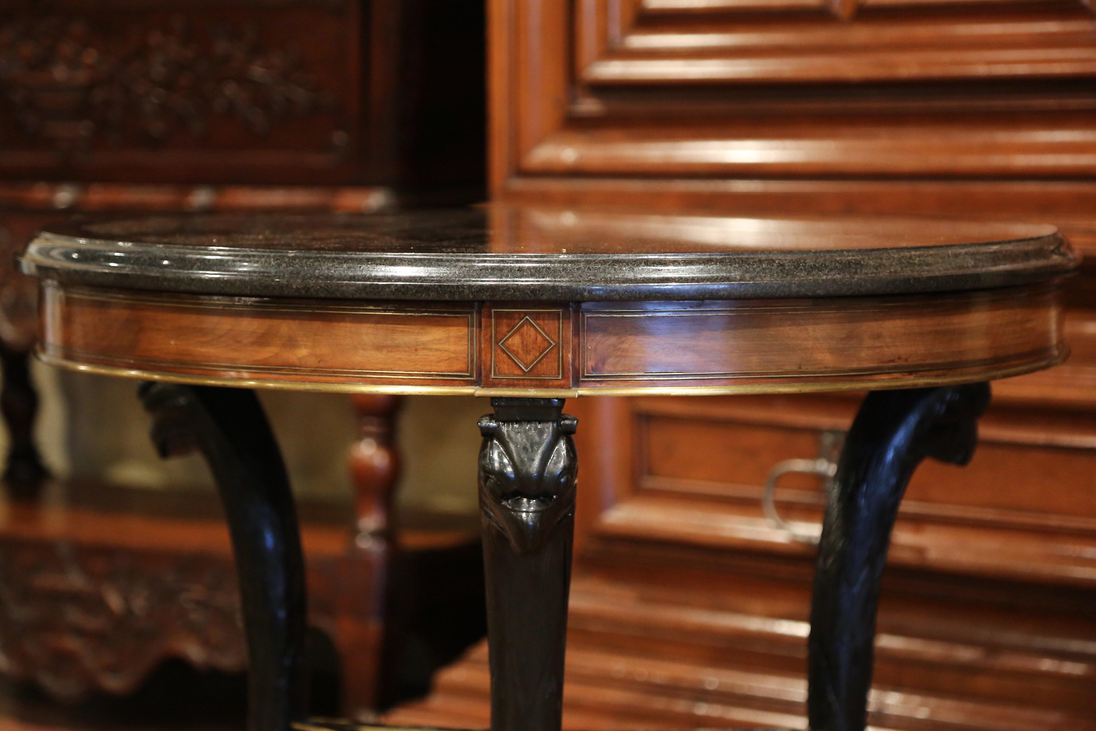 19th Century French Carved Mahogany and Brass Inlay Gueridon with Marble Top 2